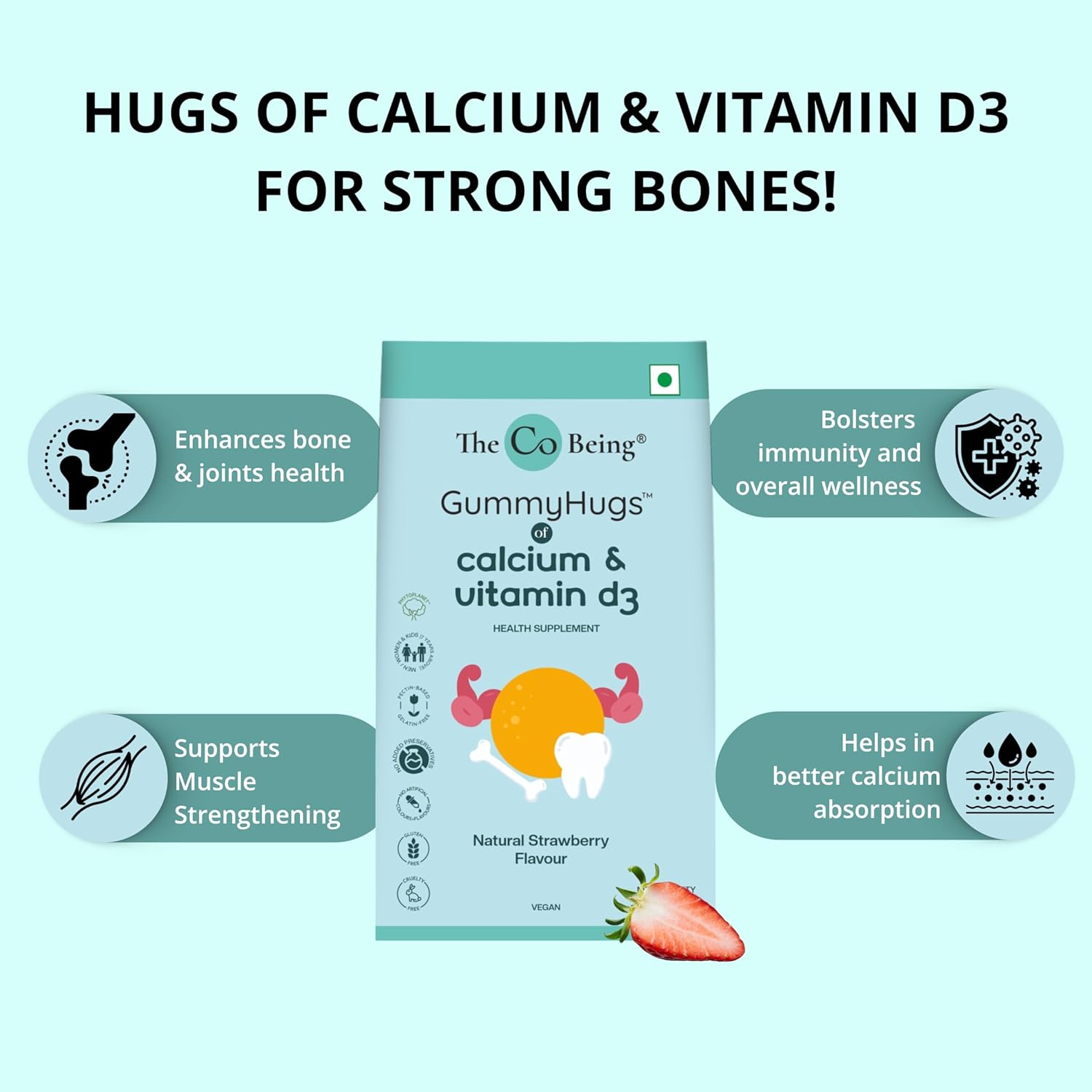 The Co Being’s Calcium Gummies with Vitamin D3 for Men, Women, and Kids, Vitamin D Supplement for Stronger Bones, Joints, and Teeth Health, Dairy Free, Vegan, 30 Day Supply, Natural Strawberry Flavour The Co Being’s Calcium Gummies with Vitamin D3 for Men, Women, and Kids, Vitamin D Supplement for Stronger Bones, Joints, and Teeth Health, Dairy Free, Vegan, 30 Day Supply, Natural Strawberry Flavour