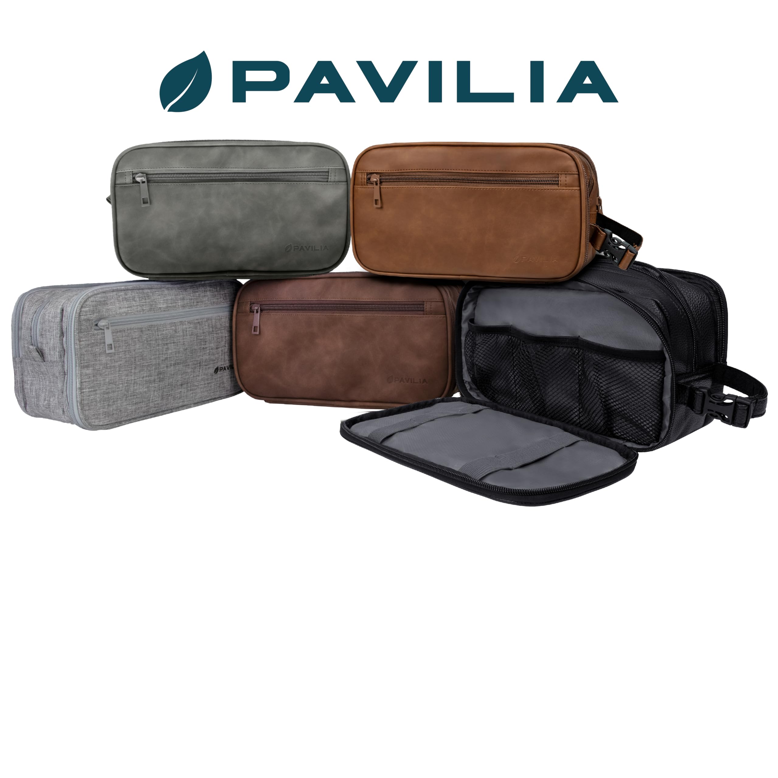 PAVILIA Kulturbeutel für Herren, Reiseutensilien, Dopp Kit, Kosmetik-Organizer, grau dunkel, Large (10.5x5.5x6), Kulturbeutel | Normale oder XL-Größe, mehrere Fächer, Reißverschlussöffnung, wasserabweisendes PU-Leder, Reise-Toilettenartikel-Schutz