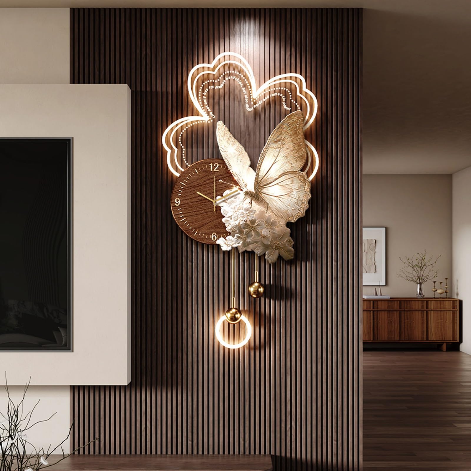 ITOSUI Butterfly-Shaped Silent Decorative Wall Clock with LED Light,Flower Decorative Wall Art,Beautiful Bedroom Wall Decor,Non-Ticking,for Living Room Dining Room Decor(Brown B,15.7 * 30.7")