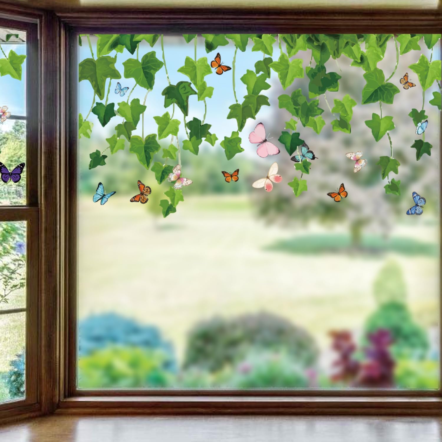 ORIGACH 6 Sheets Trailing Ivy Butterflies Window Clings Hanging Green Vine Double Sided Window Decals Evergreen Ivy Butterfly Anti-Collision Glass Window Stickers for Home Kitchen Nursery