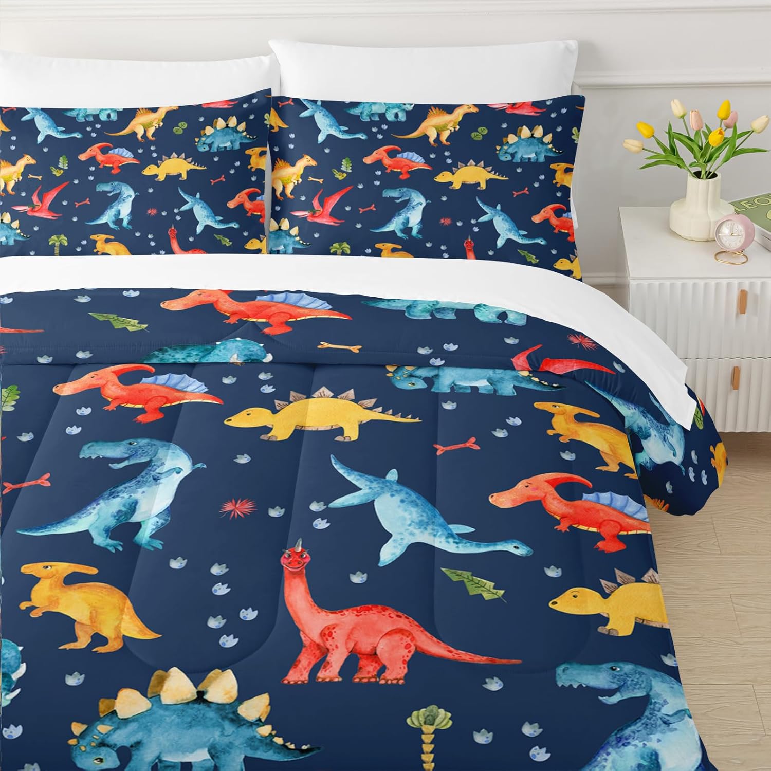 QOOMO 7 Pieces Cartoon Dinosaur Kids Comforter Set Twin Size Cute Dino Printed Bedding Set for Boys Girls Bedroom Decor Dark Blue Dinosaur 7pcs Bed in a Bag with Comforter, Sheets and Pillowcases