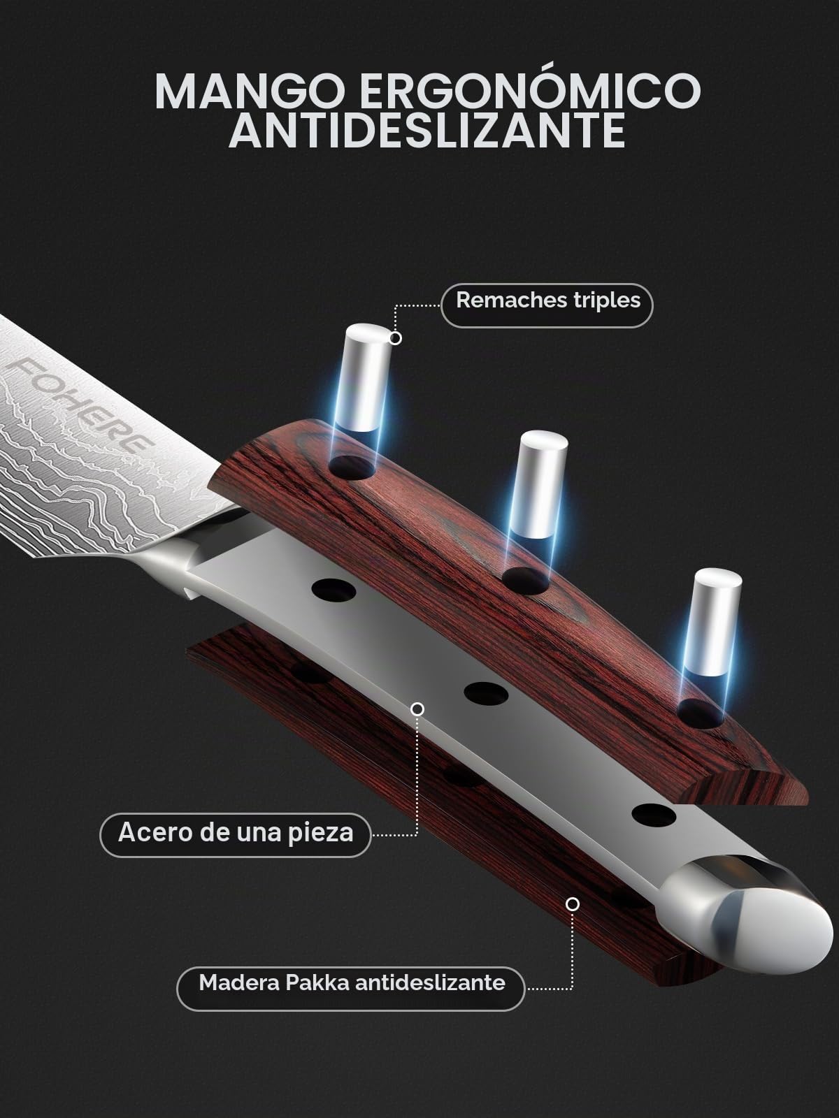FOHERE Juego de Cuchillos de Cocina Profesional 5 Piezas, Cuchillos Cocina de Acero Inoxidable y Mangos de Madera Natural, Juego de Cuchillos de Chef, Cuchillo Japones Santoku