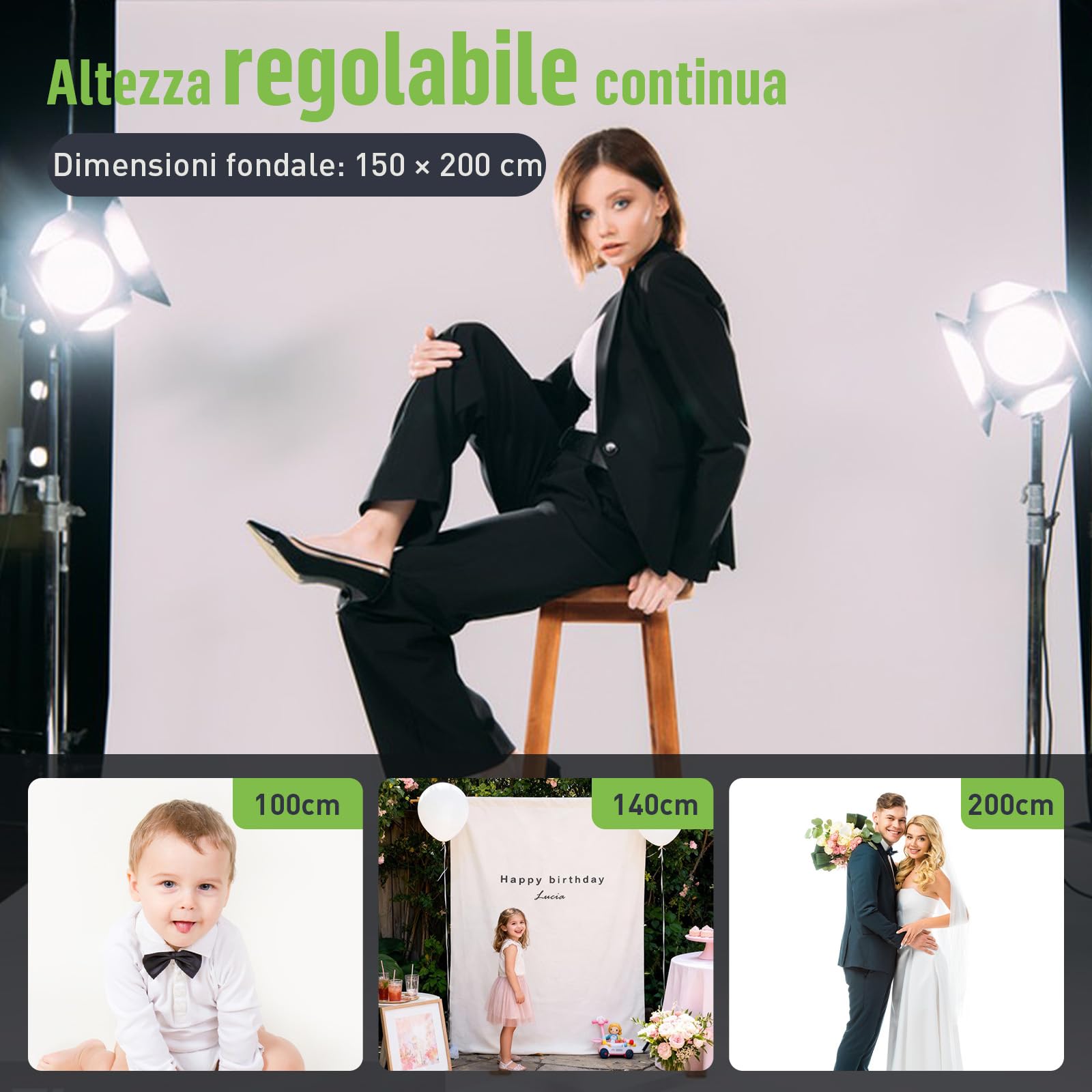 Sfondo Fotografico Bianco con Supporto 2x2 m / 1,5x2 m – Kit Fondale Bianco con 4 Clip per Studio Fotografico, Ritratti e Fotografia di Prodotti