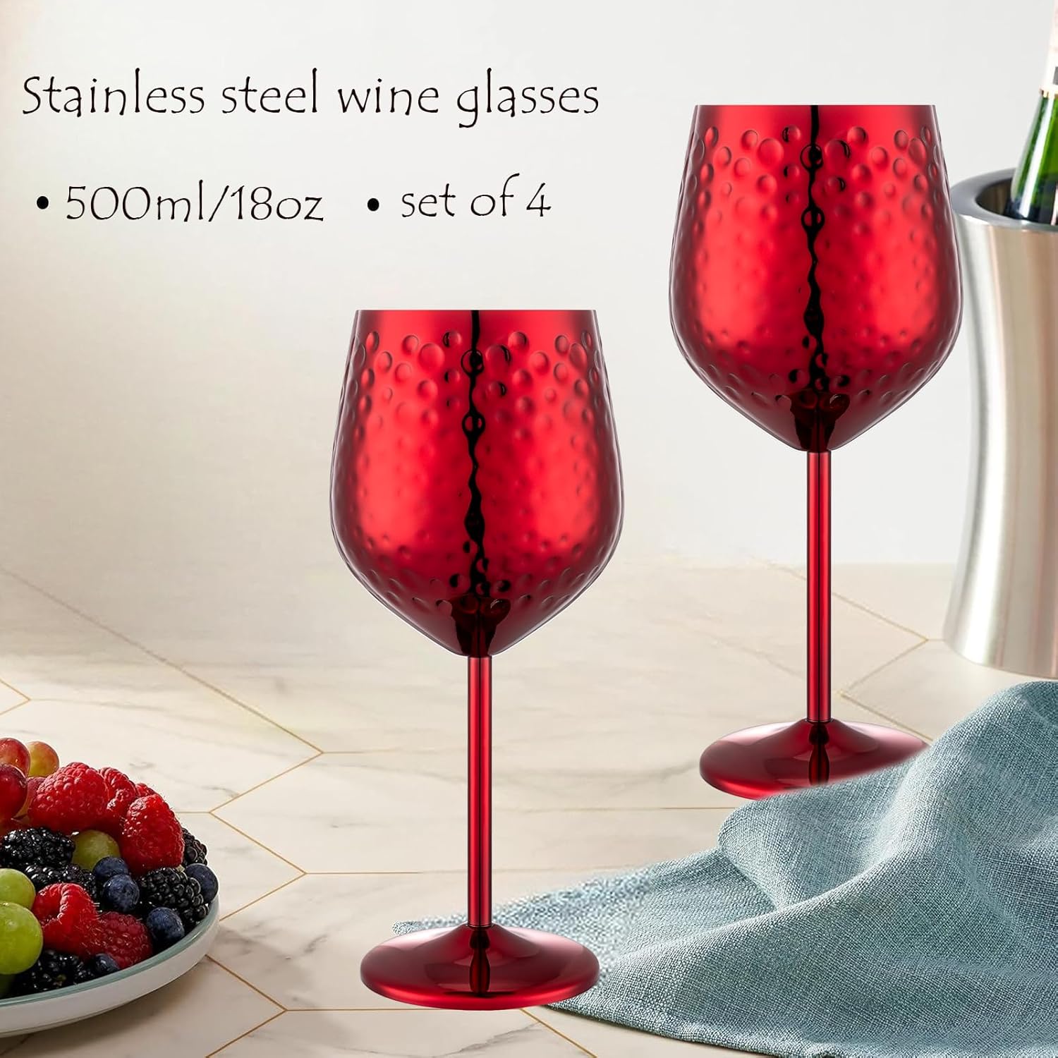 Stainless Steel Wine Glasses-18 oz Unbreakable Hammer point Wine Goblets, Elegant Unique Metal Wine Glass for Outdoor, Travel, Camping, Pool,Gift for Wine Lovers (Set of 4) (Red)