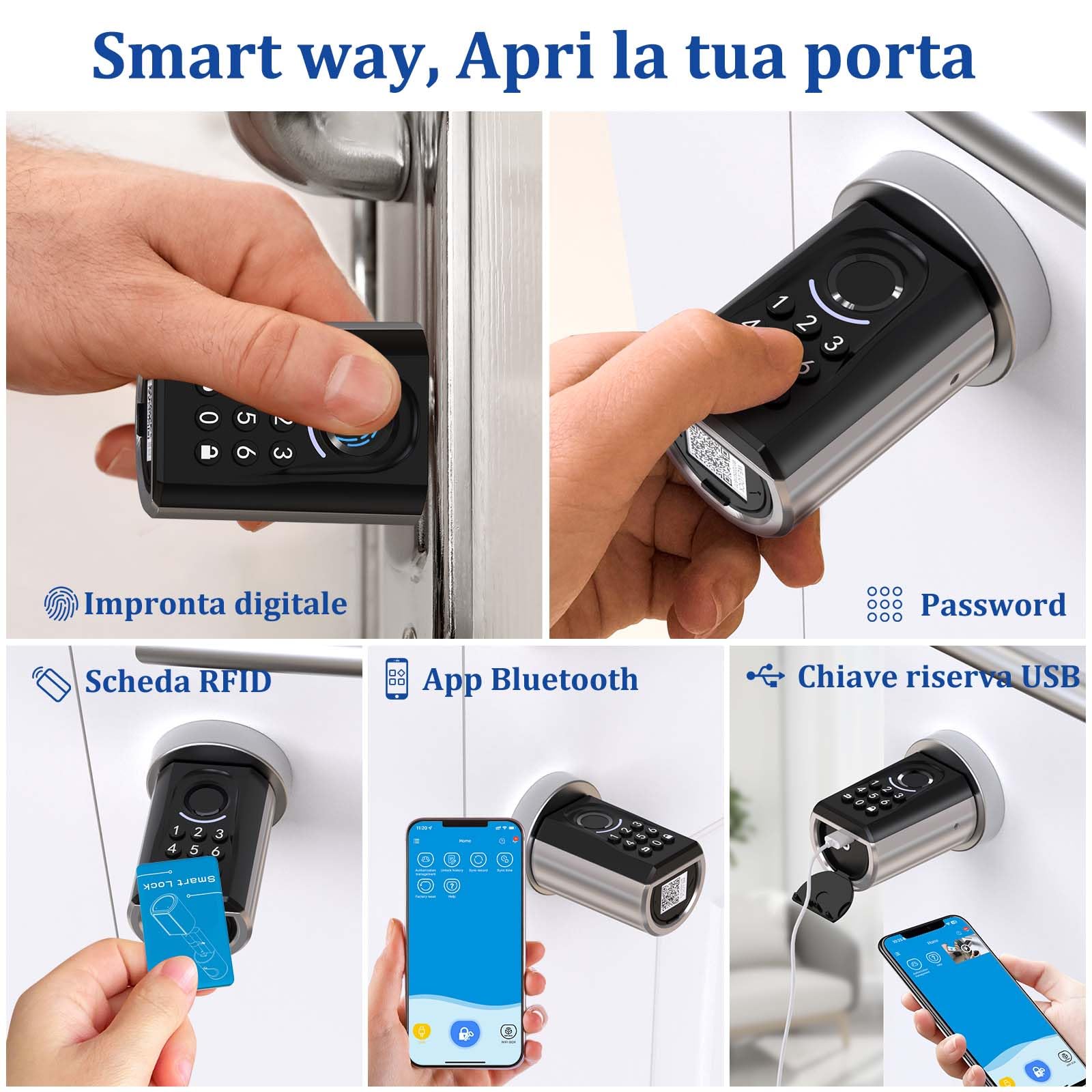 WELOCK ToucA51 Serratura Intelligente Smart,Serratura Elettronica con Impronta Digitale,Codice,Scheda RFID,APP Bluetooth,Compatibile Porta Blindata,Senza Chiave,Ideale B&B e Appartamenti(Porte 30-70mm