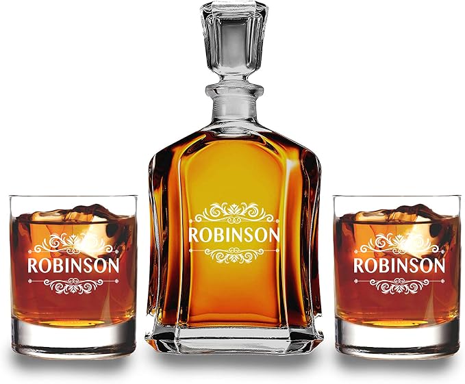 Personalized Liquor Decanter & 2 Whiskey Glasses - Classic Engraved Groomsmen Decanter for Anniversary & Engagement