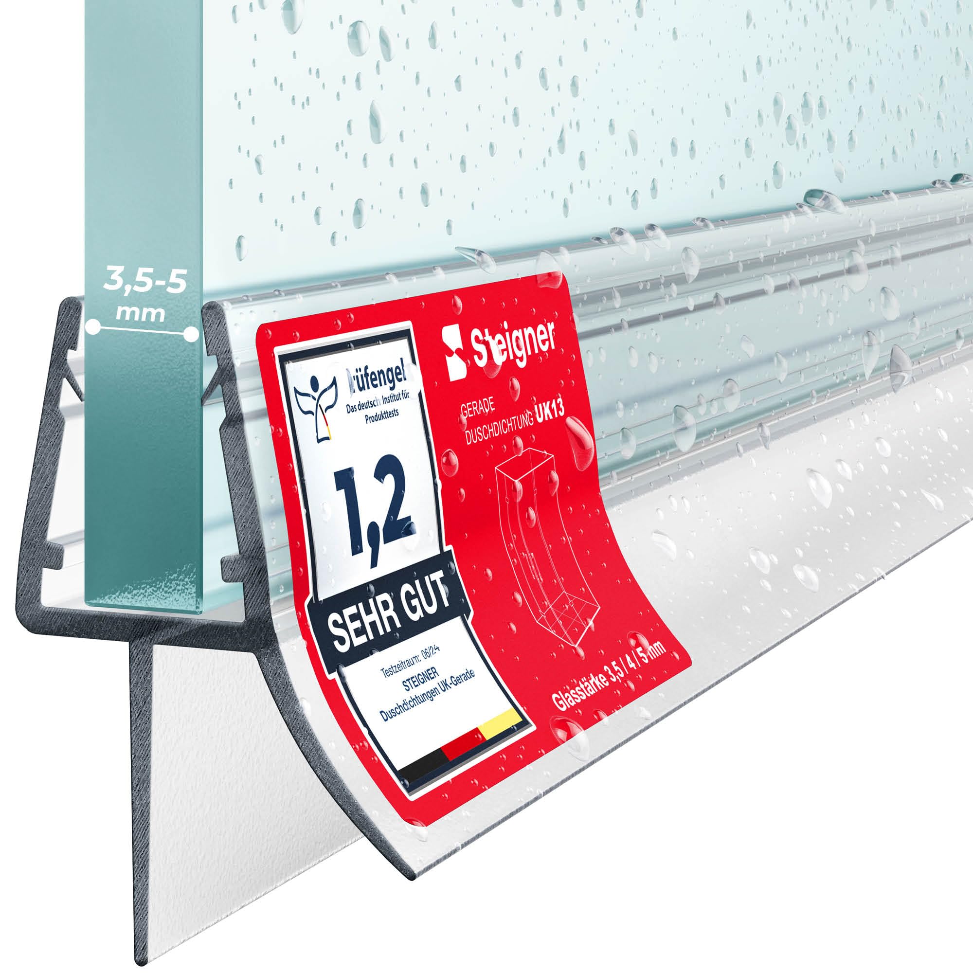 STEIGNER Junta mampara ducha UK13 90 cm (1 ud.) transparente - Junta vertical para ducha angular o pentagonal con puerta 3,5-5 mm - Protección contra fugas, Ajuste perfecto, Fácil instalación