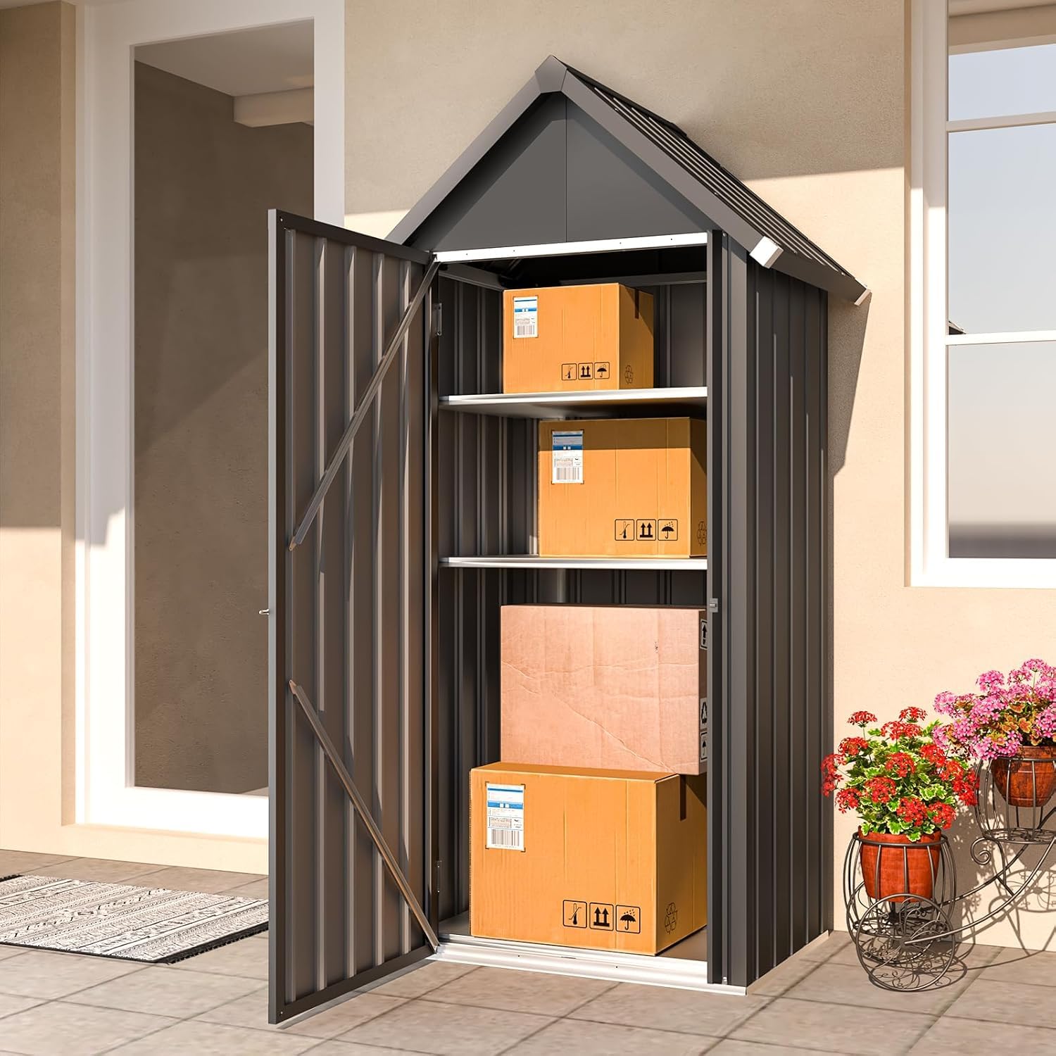 YODOLLA Abri de Jardin Métal,Cabane de Rangement Tout Climat,Armoire Jardin | Résistant aux Intempéries (Pluie, Vent, Soleil),Porte Fermeture Sécurisée et 3 Étagères Amovibles,76x55x178cm, Gris foncé