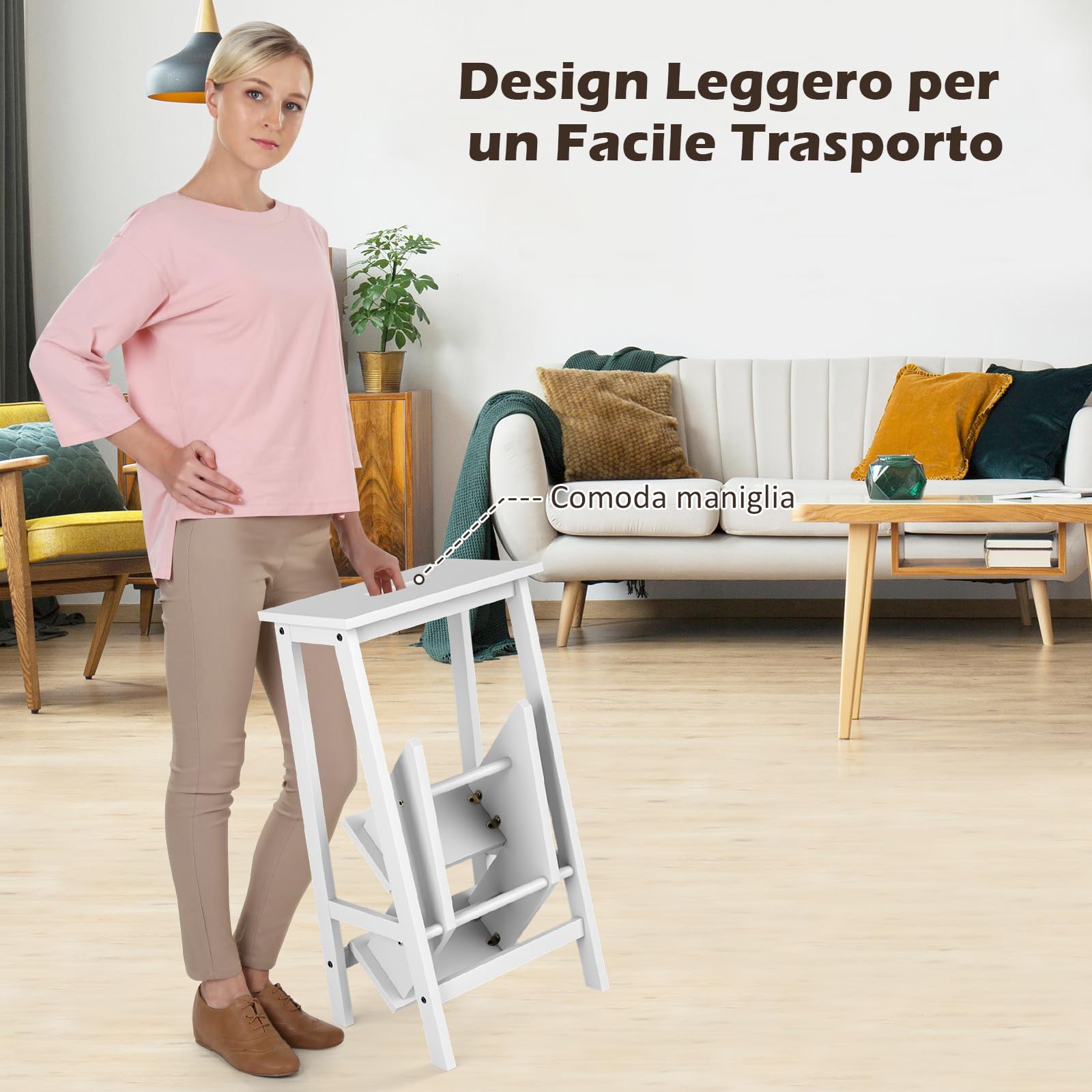 COSTWAY Scaletta Pieghevole, 3 in 1 Scaletta e Sgabello in Legno di Gomma Multifunzione, 3 Gradini, Reversibili Impugnatura, Capacità di Carico 310 kg, Ideale per Studio, Soggiorno (Bianco)
