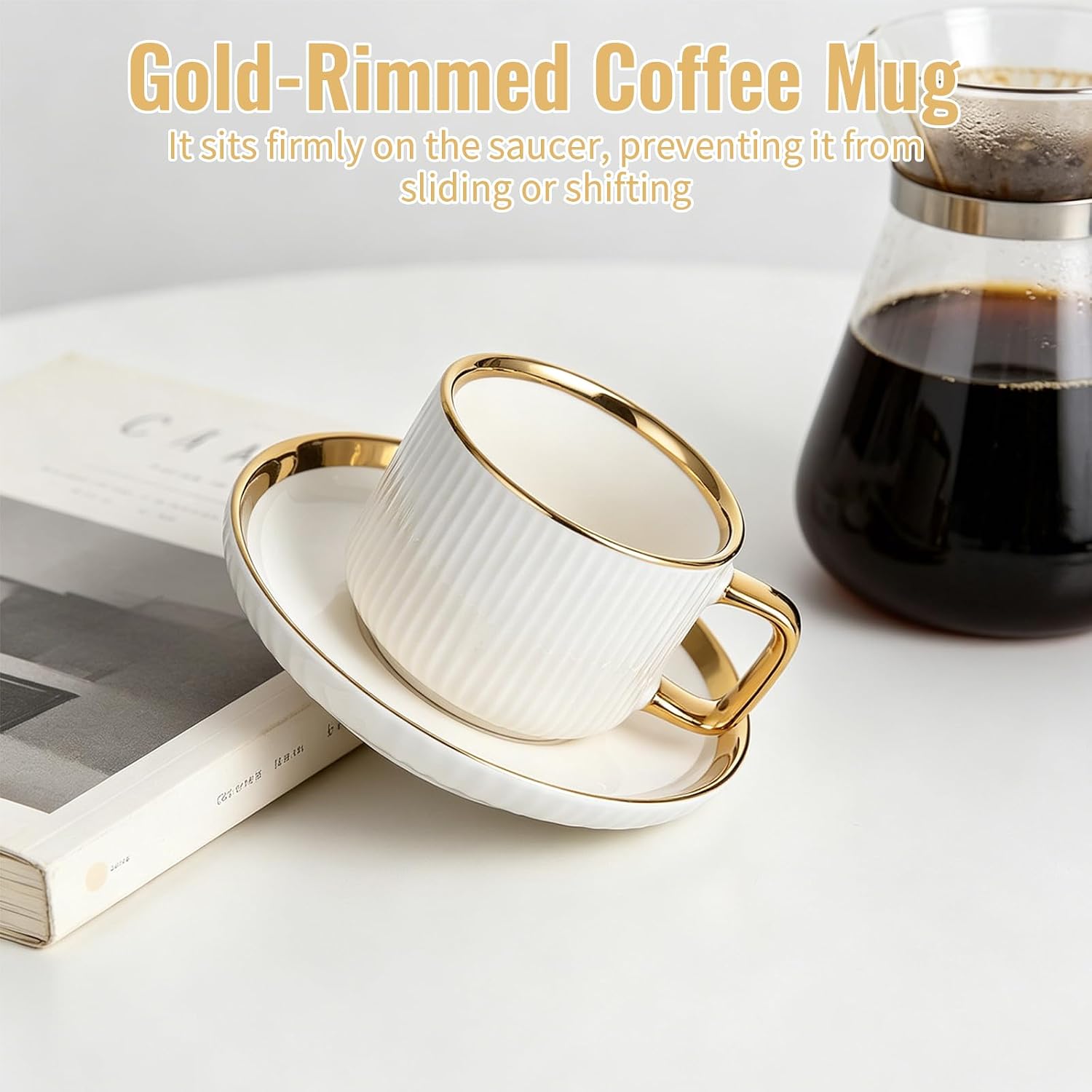 8.5oz Cappuccino Cups with Saucers Set of 6, Ceramic Coffee Cup and Saucer with Gold Rim, Vertical Ribbed Latte Mugs, White Porcelain Tea Cup Set for Wedding, Cafe, Party & Daily Use