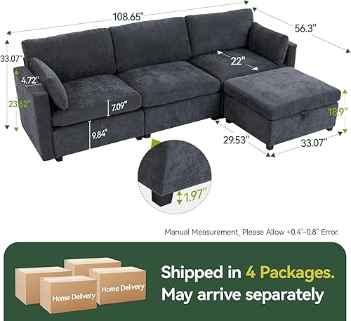 Miniatura 2 de Sofá modular de 109 pulgadas, sofá en forma de L con otomana de almacenamiento, cómodo sofá nube con asiento profundo, sofás seccionales