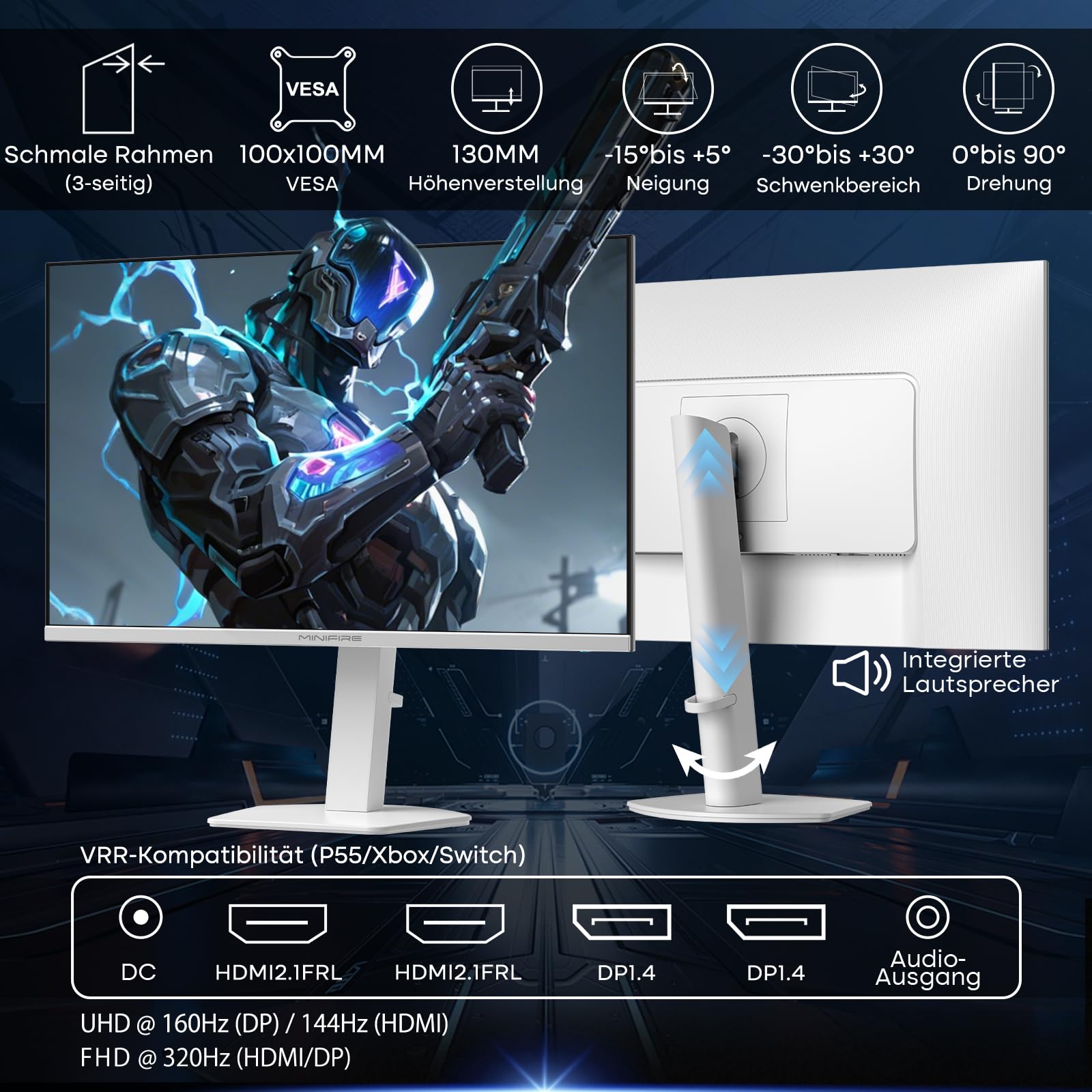 Minifire Monitor de juego 4K de 27": modo dual (UHD 160Hz / FHD 320Hz), 1ms, HDR 400, IPS, Adaptive Sync, Altura ajustable, HDMI 2.1, DP 1.4, altavoz, Pip/PBP (MFG27D1U)