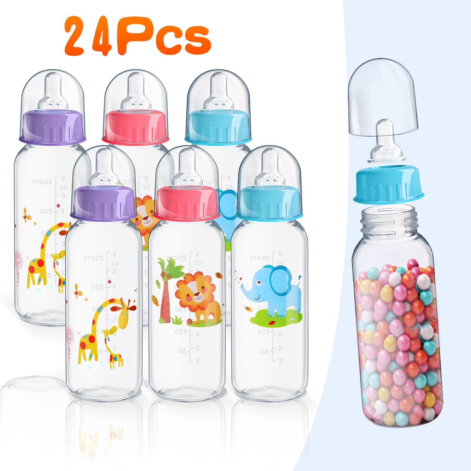 Norme 24 botellas de plástico de 9.5 onzas para baby shower, juegos, fiestas, botellas de leche para niños, decoraciones de cumpleaños, regalos, elefante, león, jirafa (recto)