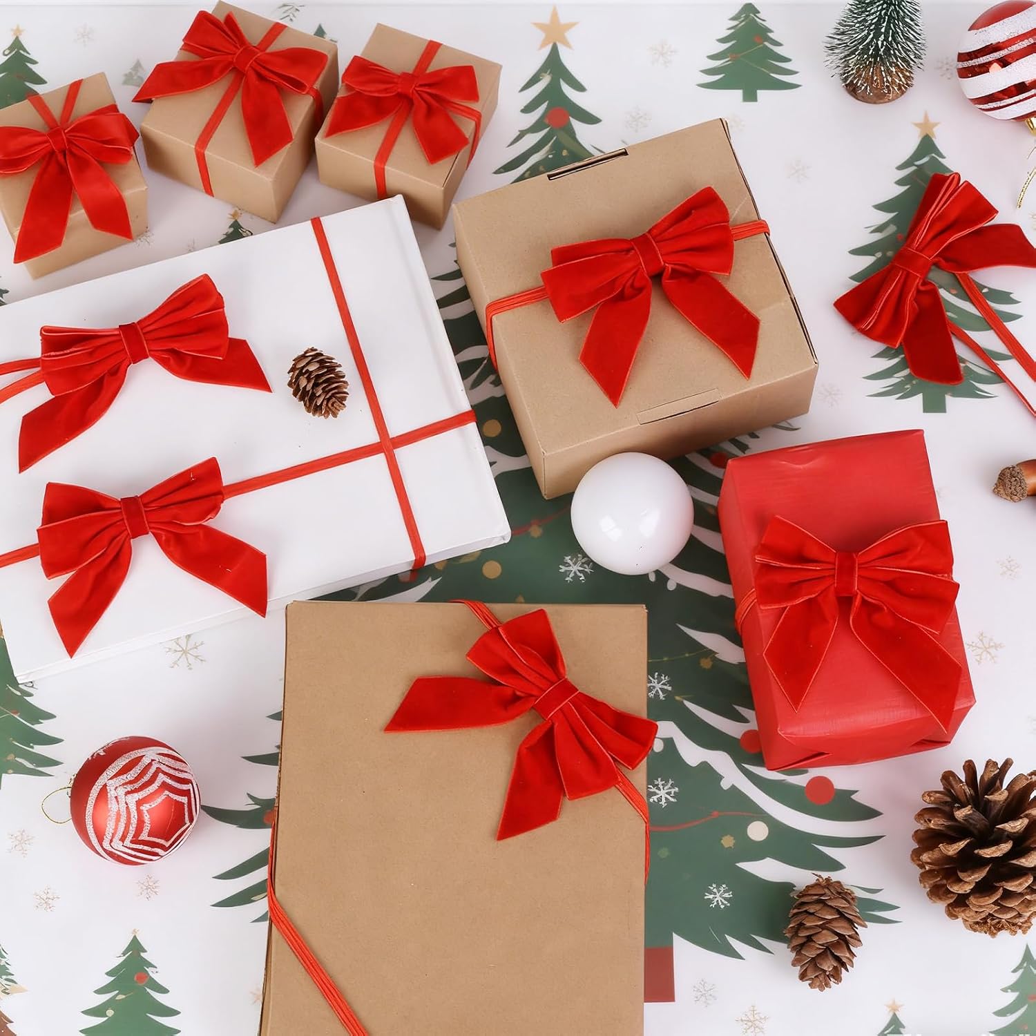 48 Pcs Velvet Christmas Bows for Gift Wrapping, 12" Stretch Elastic Loops with Pre Tied Bows for Flat Gift Boxes Wrapping Xmas Baby Showers Weddings Party Favors