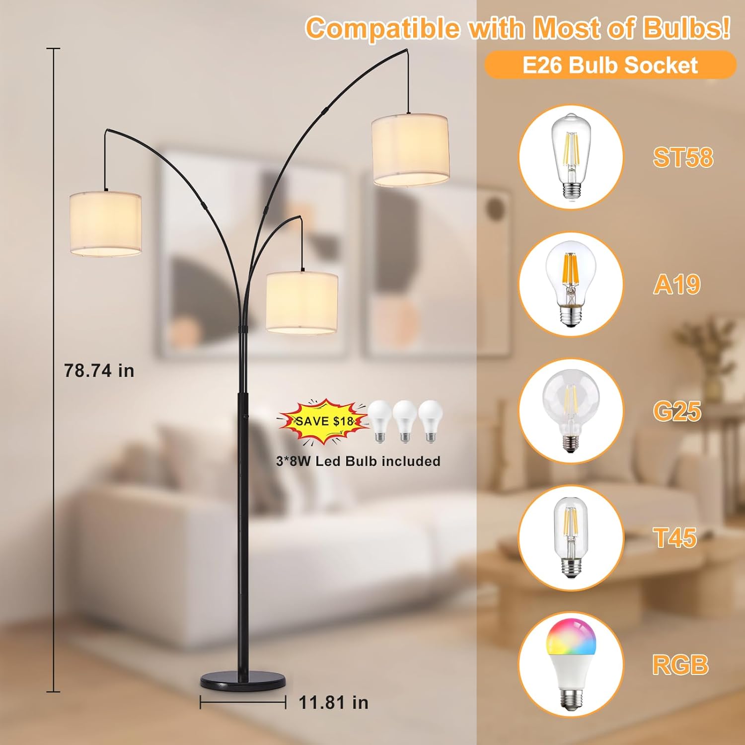 DLLT Modern Floor Lamp for Room: 3-Light Black Tree Dimmable Floor Lamps with White Shades for Living Room - Arc Standing Lamp for Bedroom - Tall Floor Lamp for Office Corner 3 LED Bulbs Included