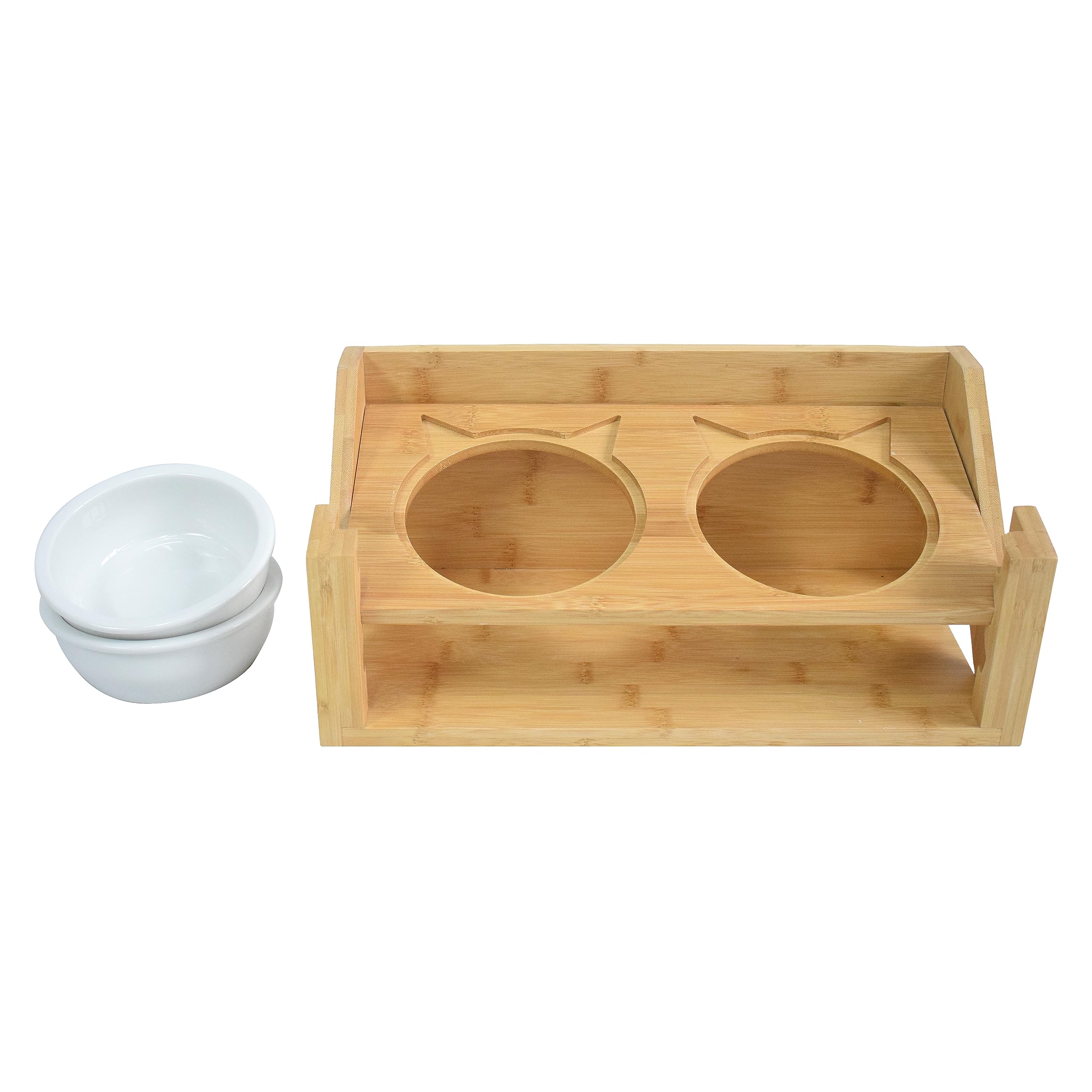 Cuenco para gatos y perros pequeños | Altura regulable | 350 ml | Comedero | Cerámica | con 2 + 2 cuencos | 4 cuencos | Juego de cuencos para gatos | Soporte de madera de bambú