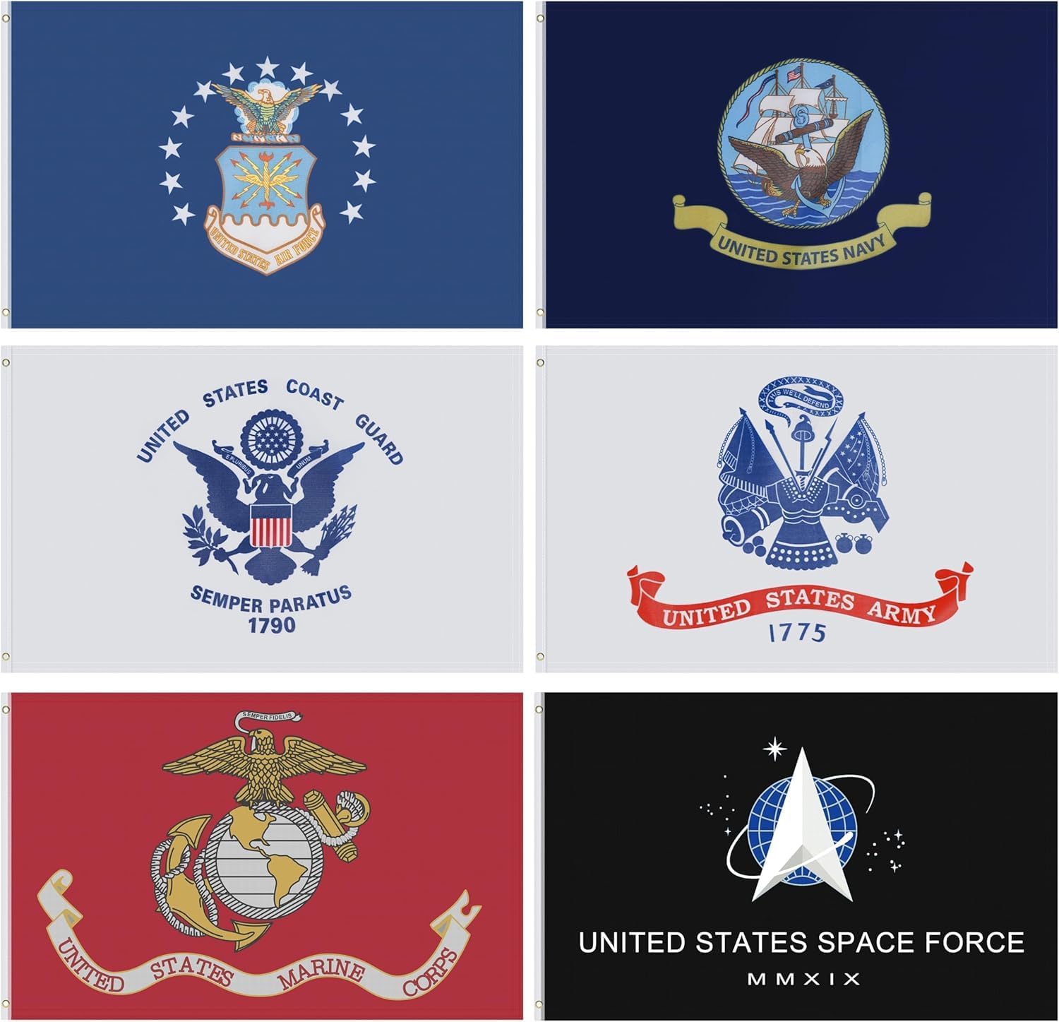 Lot of 6 Branches Military Set Polyester Flags Air Force,Navy, Coast Guard,Army Banner (2 * 3FT)