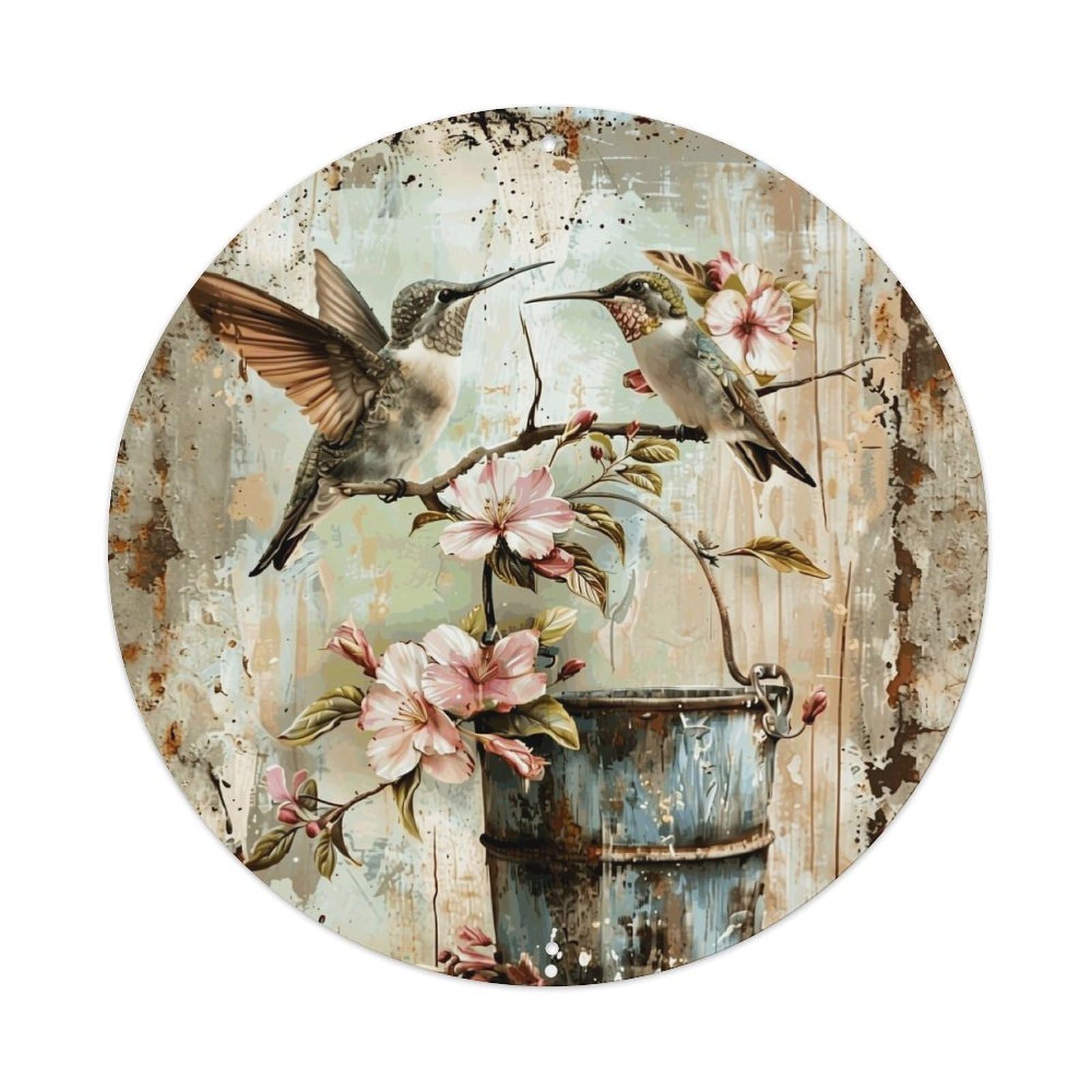 Hummingbirds Blossoms Rustic Bucket Art Round Metal Tin Sign Vintage Wall Decor, Bar Garage Cafe Kitchen Home Wall Art Poster 8x8inches