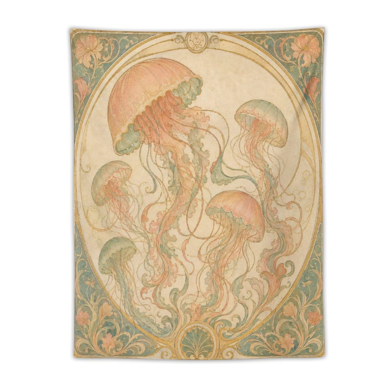 H3B8U2Y5 Pink Jellyfish Wall Tapestry, Art Nouveau, Botanical Linework