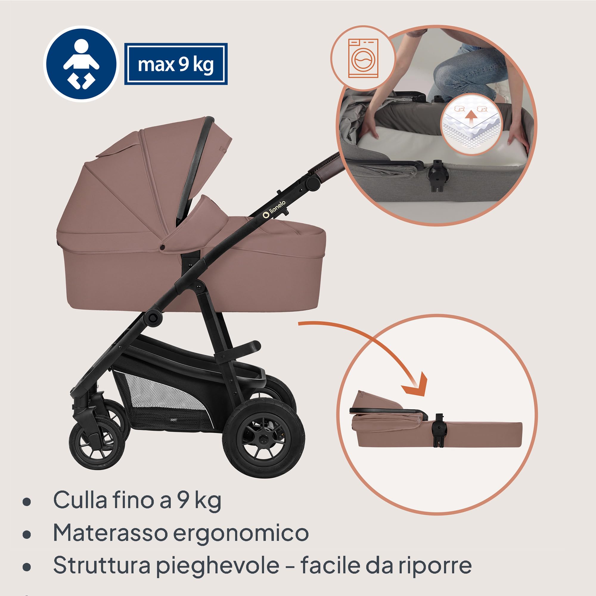LIONELO Bianka Passeggino Trio 3in1 con Navicella Ovetto, Bambini 0-48 Mesi | Fino a 22 kg, Ovetto, Seduta Reversibile, Ruote Grandi, Cappottina XXL UPF50+, Pieghevole