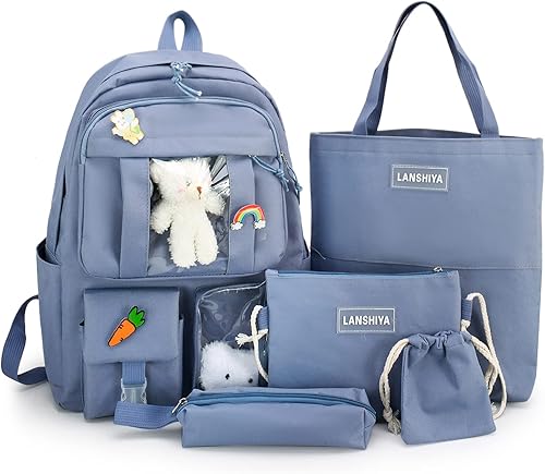 Juego de 5 mochilas kawaii para niñas con bonitos accesorios de oso, suministros escolares, bolsas para bolígrafos, bolsa de hombro, azul (03-Blue),