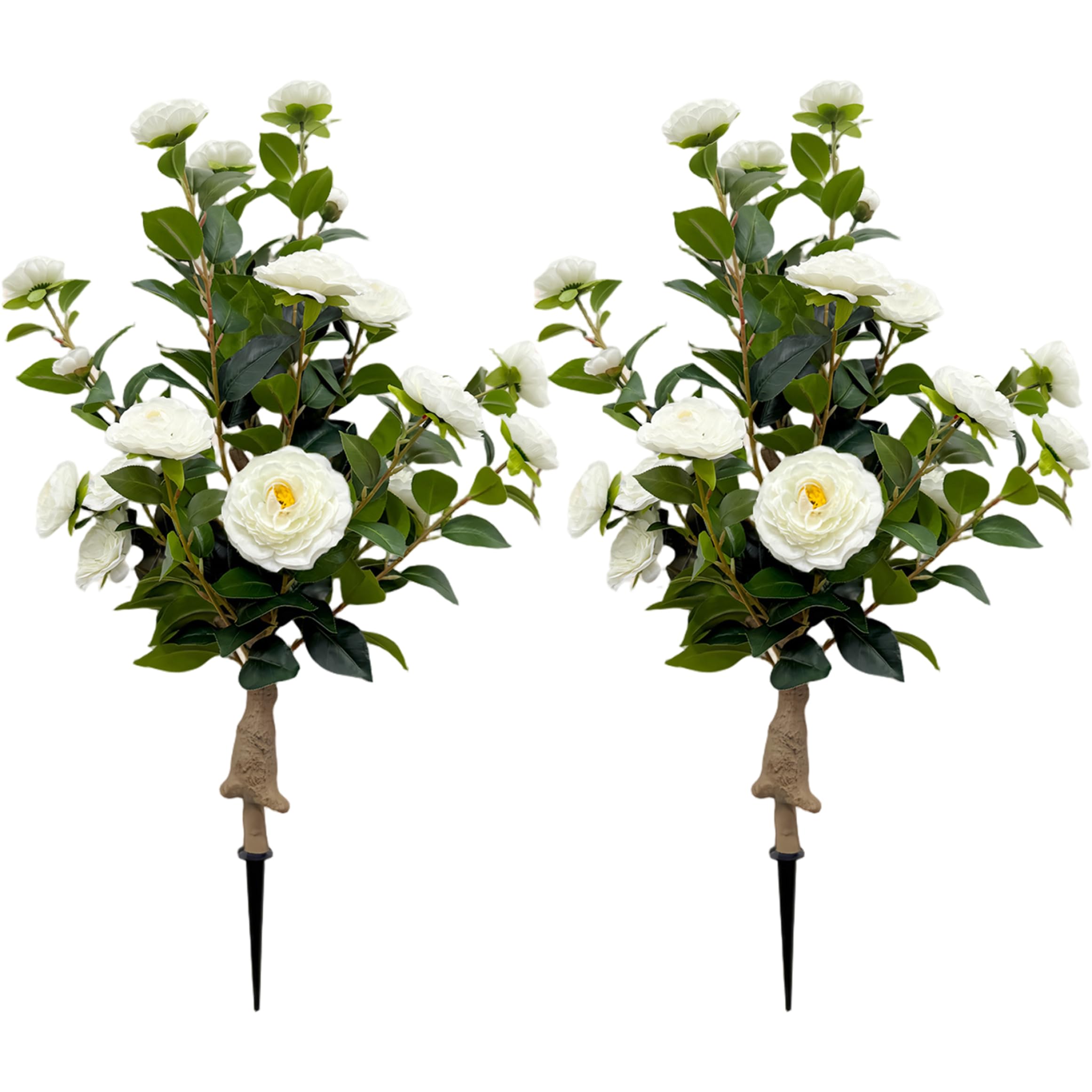 Takingup Artificial Camellia Tree, Faux Flower Stakes, White Blooms, 2 Pack, Realistic, for Lawn and Yard Decor