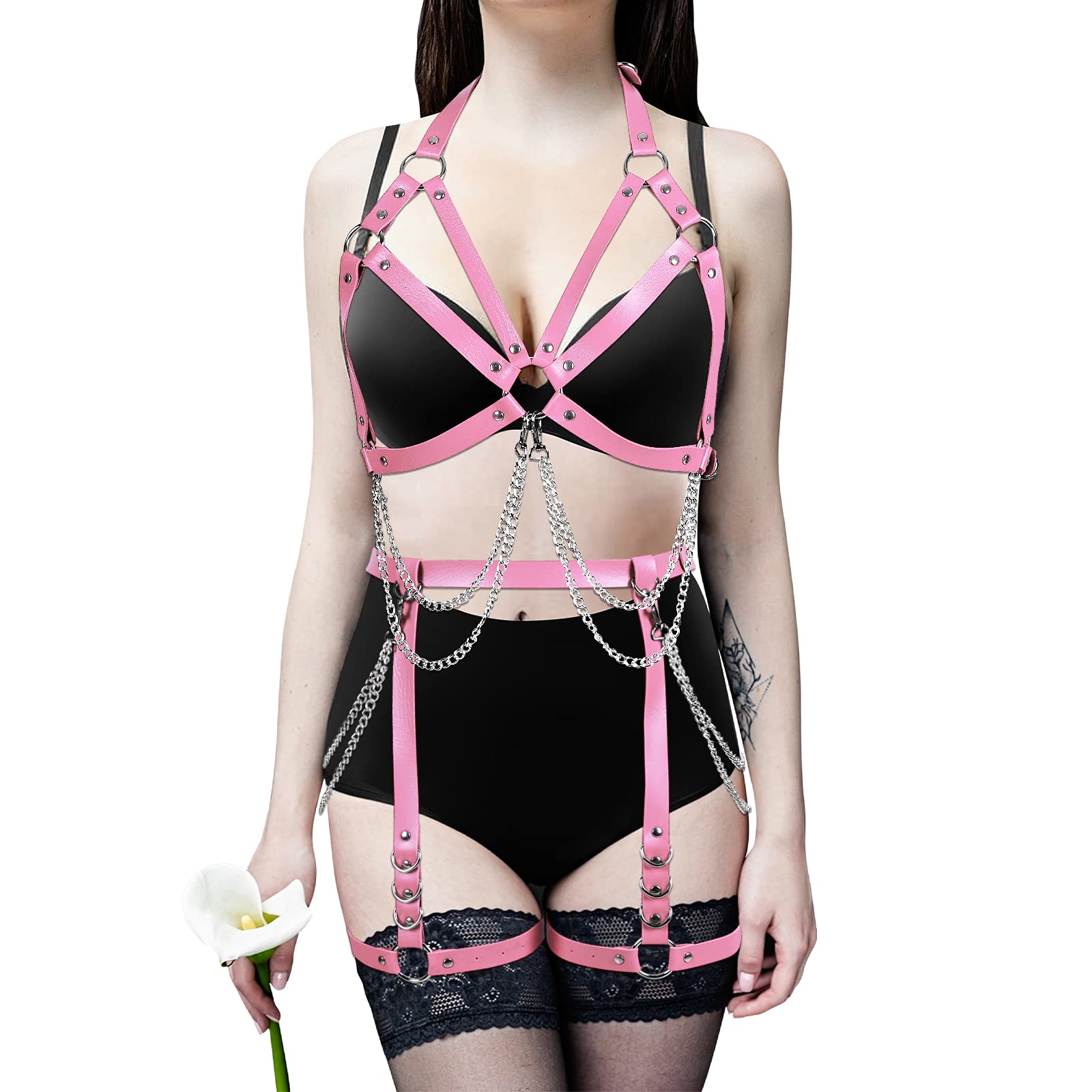 FENXIXIONE Harnais De Poitrine En Cuir Rose Lingerie Punk - Porte-jarretelles Et Gilet Pour Femme