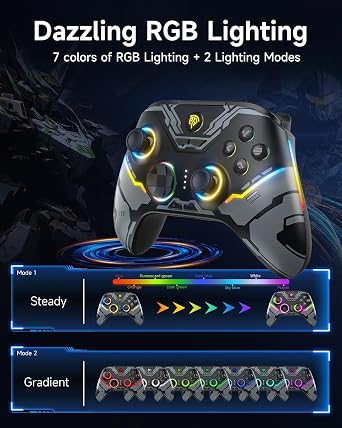 EasySMX X15 PC Controller Wireless with 7 RGB Light Gaming Controller with Hall Joystick & Trigger Bluetooth Compatible with PC/Switch/Mobile Phone/Tablet - Black