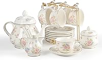 Sweejar 23-Piece Floral Porcelain Tea Set Gold Rim with Teapot, Cups Saucers for 6, Metal Holder, Spoons