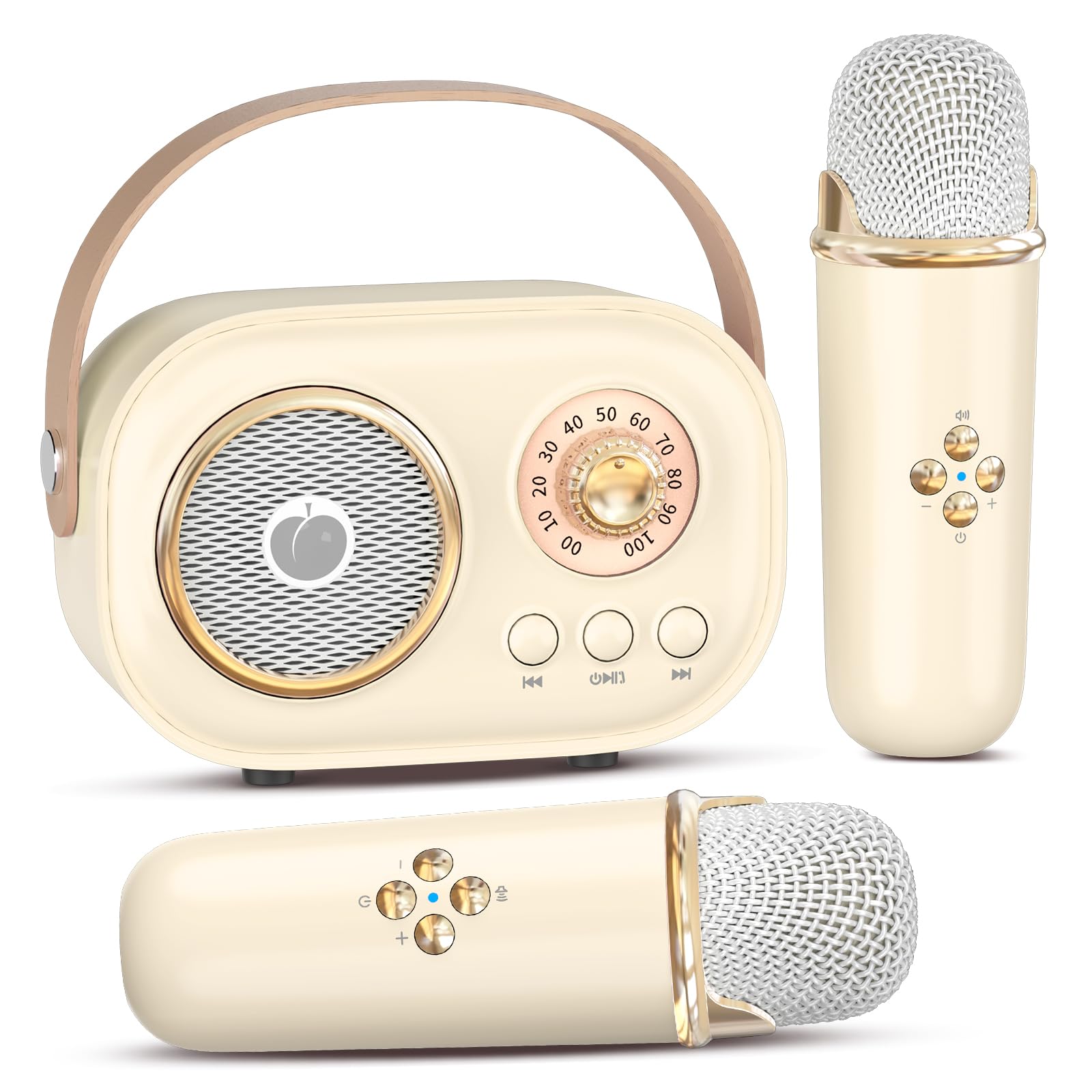 Mini Máquina de Karaoke para Niños Adultos,Altavoz Bluetooth Portátil con 2 Micrófonos Inalámbricos, Regalos Juguetes para Niñas 3, 4, 5, 6, 7, 8+ Años Cumpleaños Fiesta Familiar en Casa-Beige