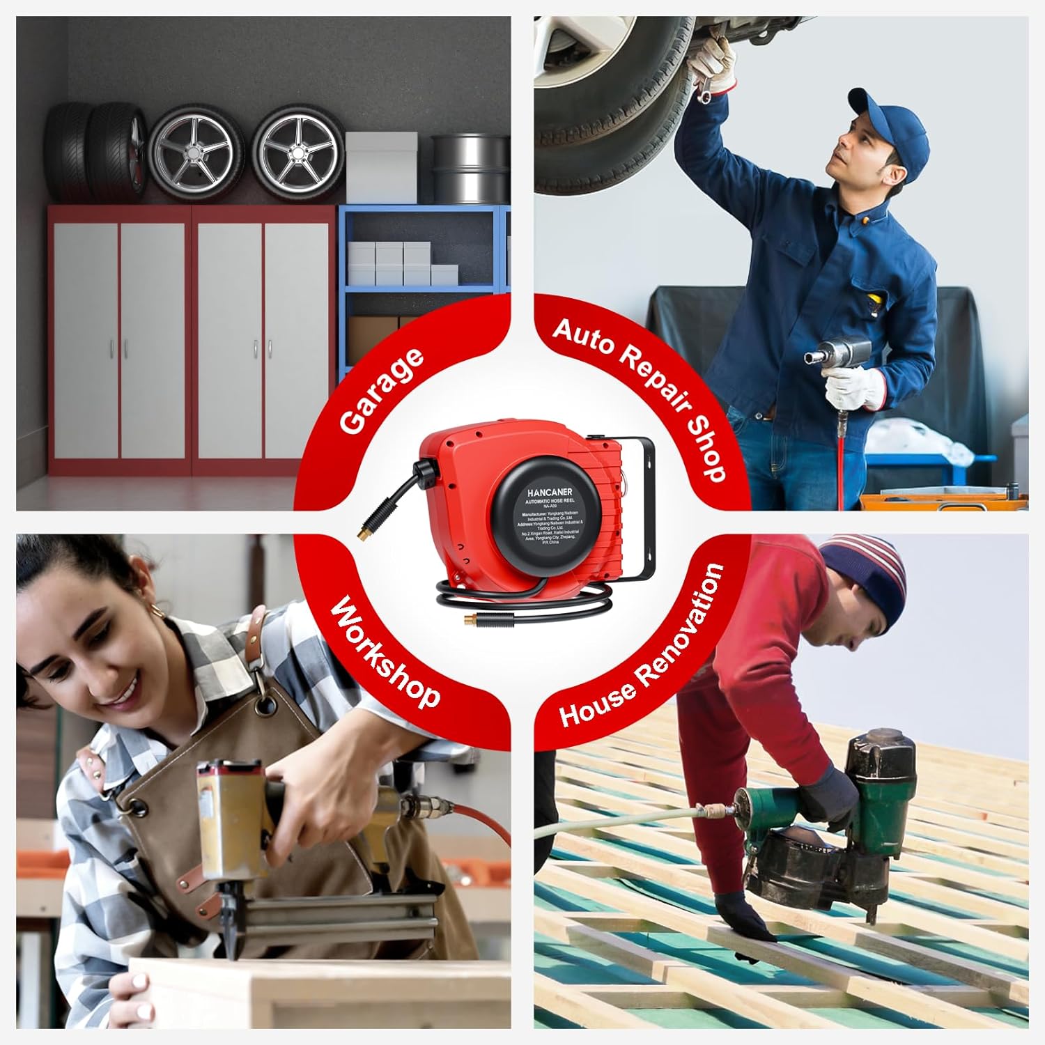 Hancaner Retractable Air Hose Reel, 1/4" x 50 FT Hybrid Air Hose Max 350 PSI, Air Compressor Hose Reel with 5 FT Lead in, 180° Swivel Mount