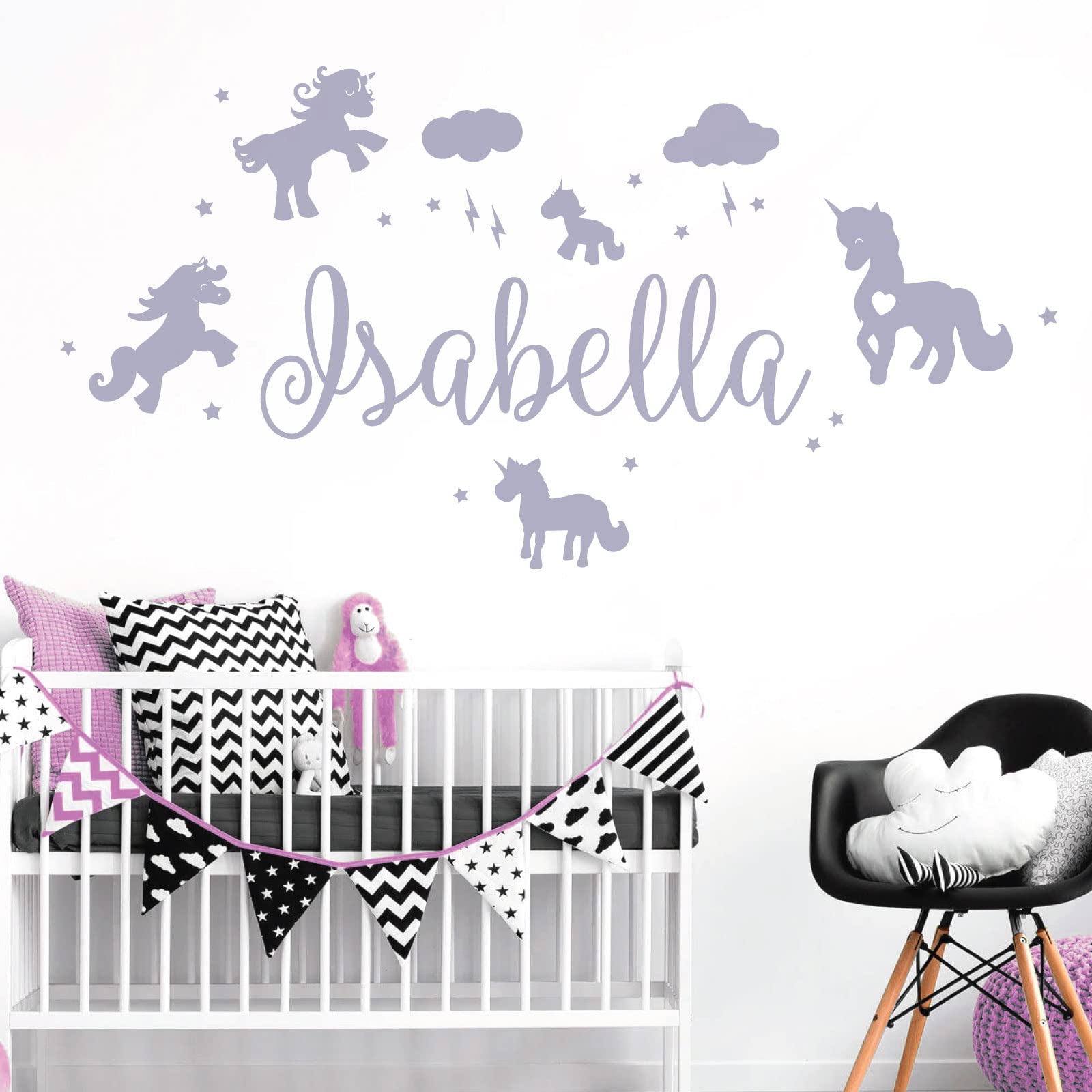 Unicorns, Stars & Clouds - Personalised Name Girls Wall Art Sticker [Large] [Light Grey]