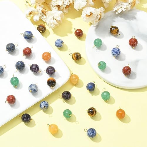 Miniatura 5 de Ipotkitt 50 dijes de piedra natural mezclada, dijes de piedras preciosas naturales facetados de chakras redondos con bucles para bricolaje,