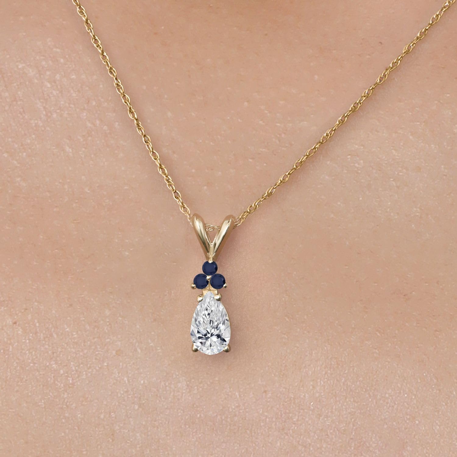 Gem Stone King 14K Yellow Gold DEF Lab Grown Diamond and Blue Sapphire Pendant Necklace for Women | 0.61 Cttw | Gemstone April Birthstone | Pear Shape 7X5MM | With 18 Inch Chain - Image 3