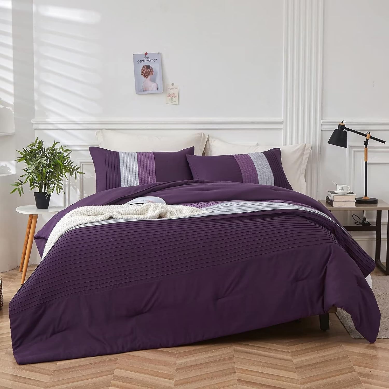 Herlura King Size Comforter Set Purple Grey 3 Pieces Lightweight Bedding Set for All Season Down Alternative Comforter (1 Comforter, 2 Pillowcases)