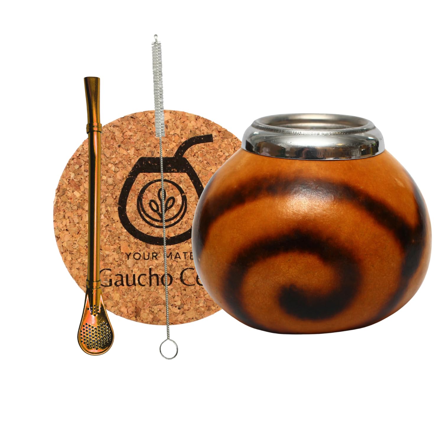 Set de calabaza natural para té Yerba Mate | Taza de calabaza y pajita de acero inoxidable Bombilla Straw | Accesorios - almohadilla de corcho y cepillo, color marrón