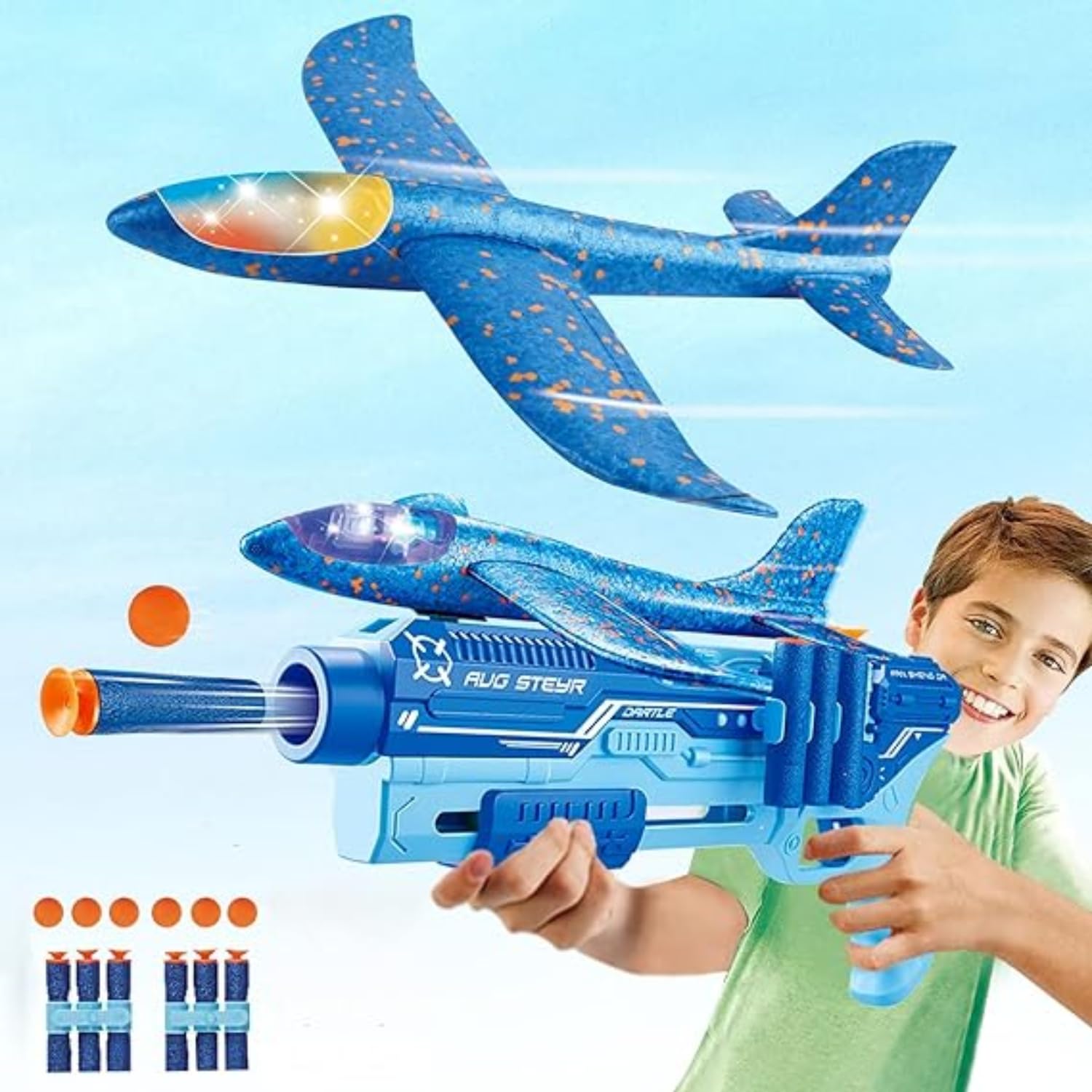 5 in 1 Airplane Launcher Toy for Kids - Foam Throwing Plane Glider with Pistol Shooting Gun and soft bullets - Ideal Fun Outdoor and Indoor birthday Gift for Boys - Kids Age +6 years old - Blue Color