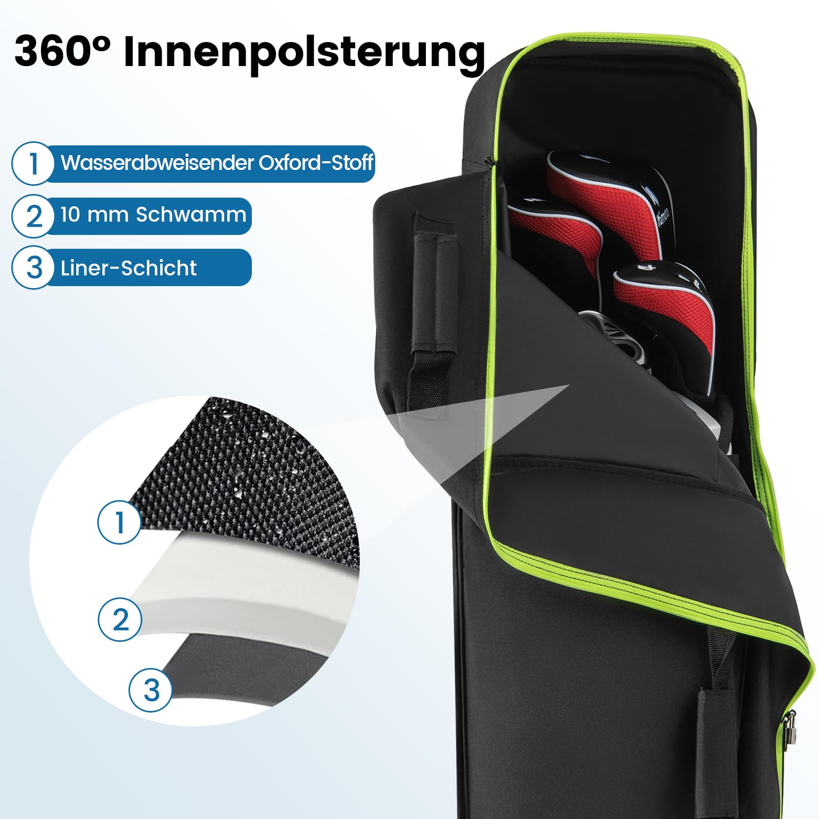 GYMAX Golf Reisetasche mit verstärkte Räder, tragbare Golftasche mit Aufbewahrungstasche & Griffe, Golfschlägertasche mit Reißverschluss für Fluggesellschaften