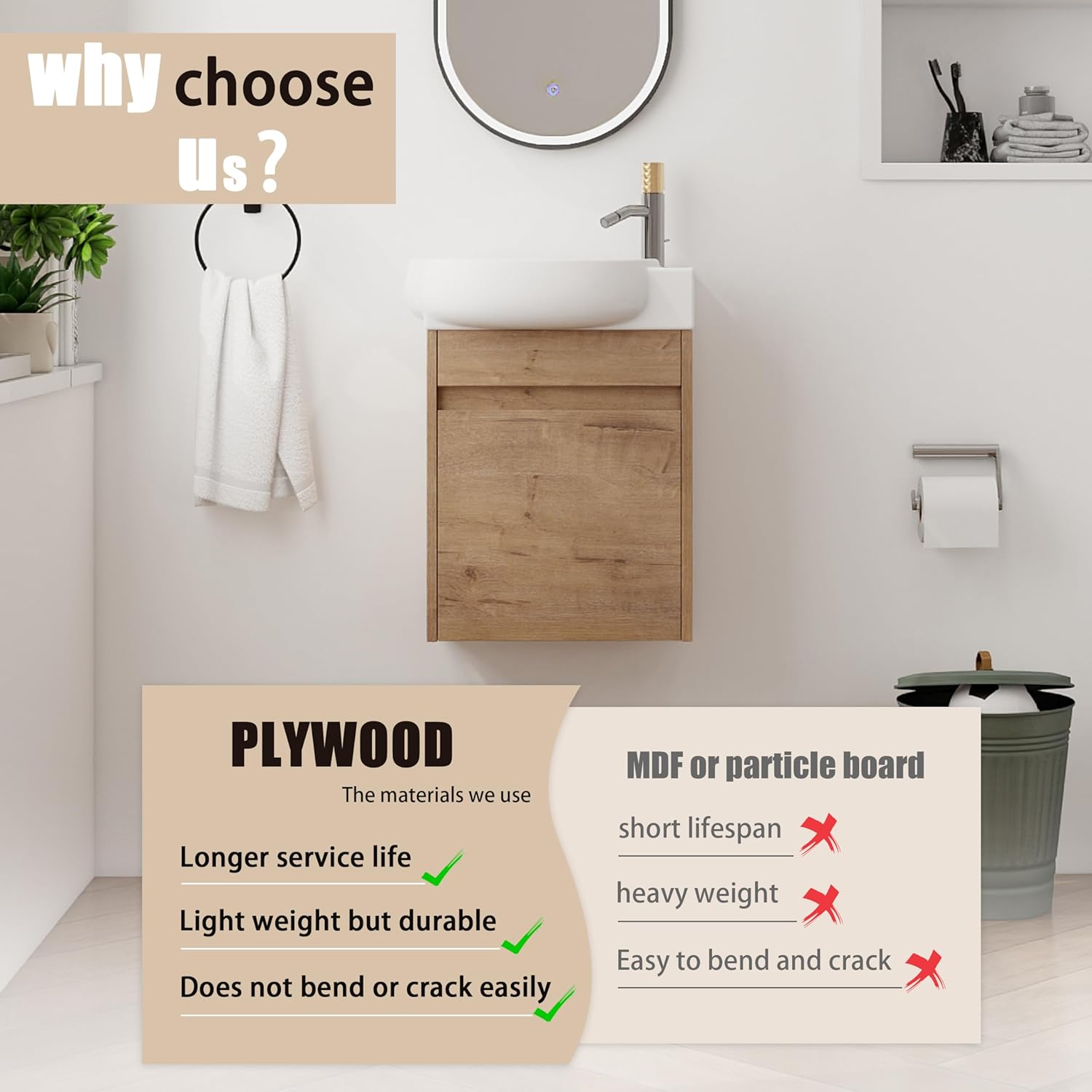 16" Bathroom Vanity with Ceramic Sink, 16 Inch Floating Vanity for Small Space, Single Sink Bathroom Vanity Combo, Modern Brown Wall Mounted Cabinet Set