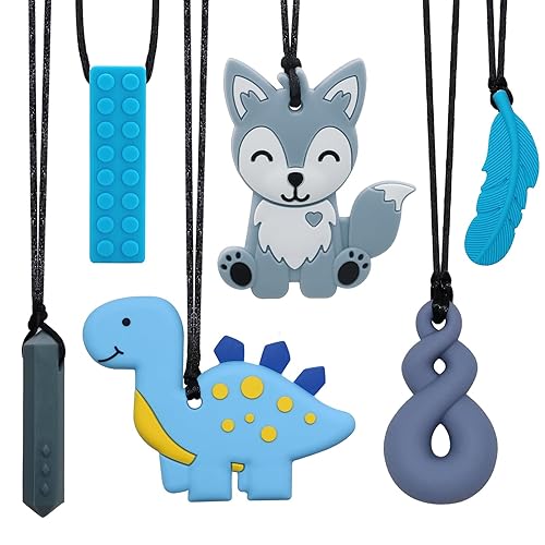Collares masticables para niños sensoriales, paquete de 6 collares masticables de silicona de zorro y dinosaurio para niños y niñas con autismo,