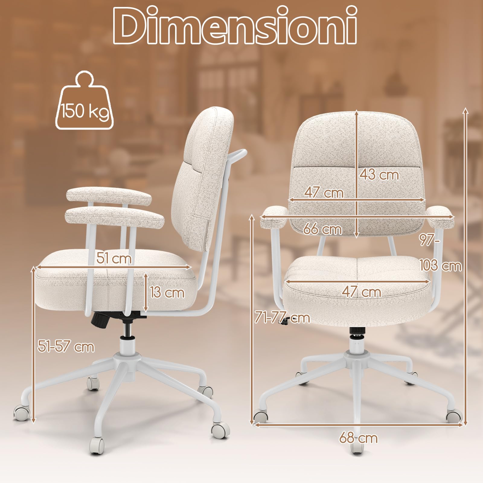 COSTWAY Sedia da Ufficio, con Schienale e Braccioli, Sedia Girevole Regolabile con Funzione a Dondolo e Ruote per Camera da Letto, Studio, Portata 150 kg (Bianco)