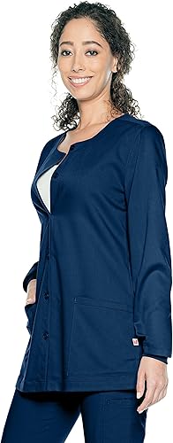 Vista 2 de Urbane Chaqueta médica de cuello redondo con 3 bolsillos para mujer, diseño moderno y a medida 9871