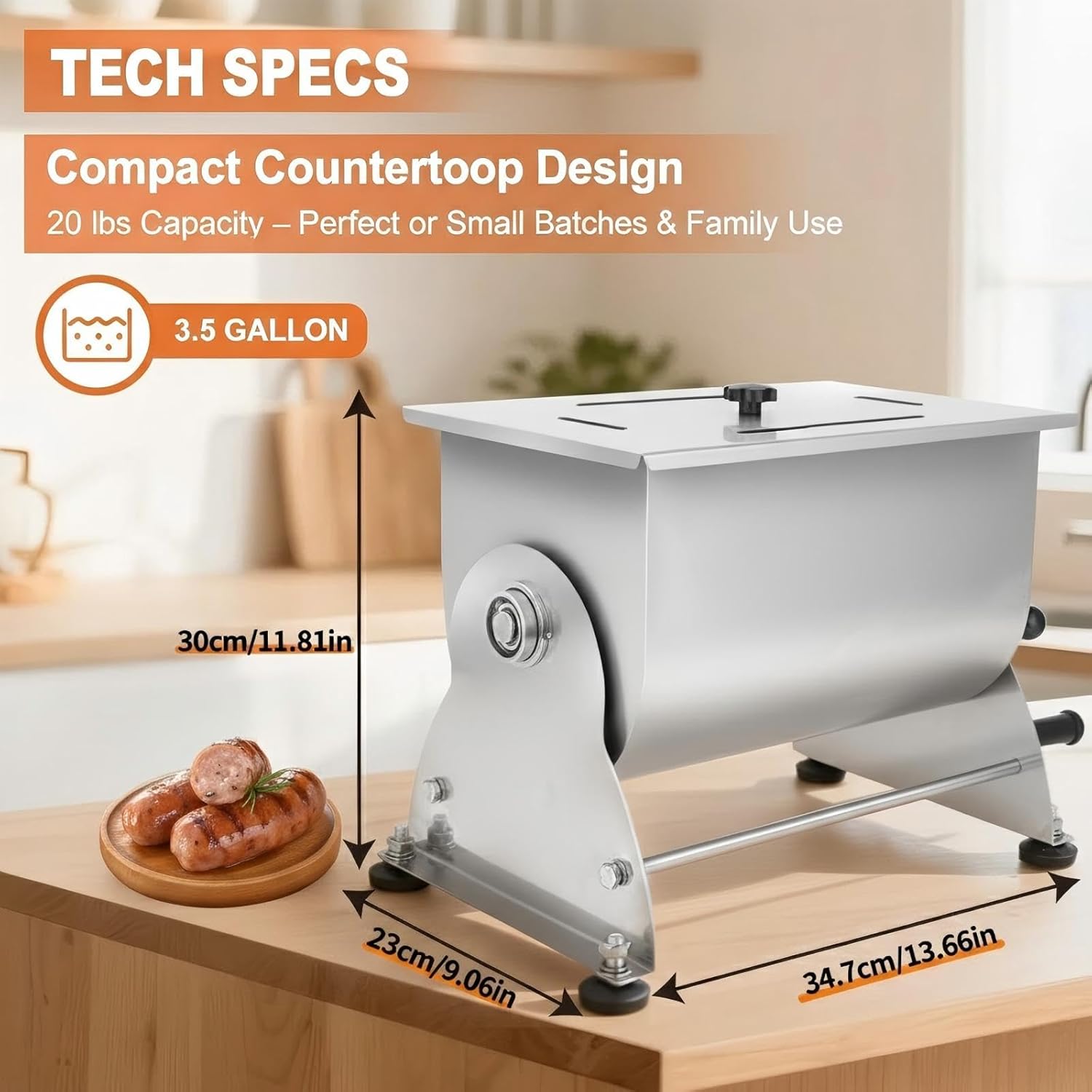 20 lb Manual Tilting Meat Mixer, 3.5 Gallon Stainless Steel Sausage Mixer for Burger, Jerky & Seasoning, Heavy Duty with Removable Paddle & Non-Slip Base, Compact Countertop Design