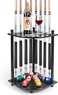 Pool Stick Holder, Corner Pool Cue Rack with 4 Score Counters, Wood Floor Stand for Billiard Cue Sticks,Holds 8 Pool Cue Sticks & a Full Set of Balls,Billiard Accessories for Billiard Room or Club
