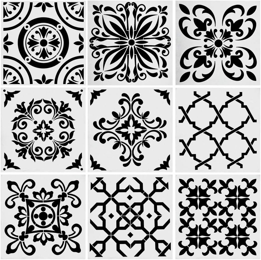 9pcs Stencils Set Tile Stencil, Uspacific 6x6 Inch PET Material Tile Paint Stencils for Laser Cut Painting, Walls, Fabric, Airbrush, Furniture, Floor (3)