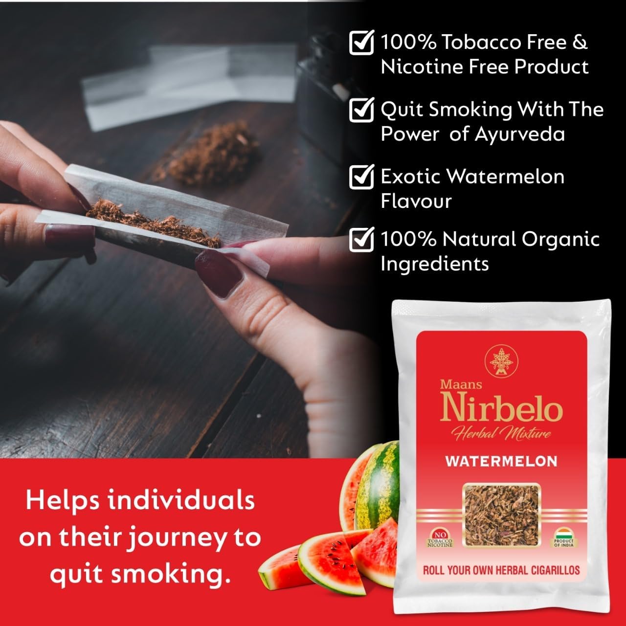 Exotic Herbal Blend Watermelon Flavour + Pre Rolled Paper Cones | Tobacco and Nicotine Free 100% Natural Herbal Mix | 35 Gram (Pack of 2) + 3 Rolls