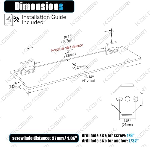 Miniatura 2 de KOKOSIRI Estantes de pared flotantes de vidrio de baño para almacenamiento de cocina, 16 x 5.6 pulgadas, vidrio templado montado en la pared, acero