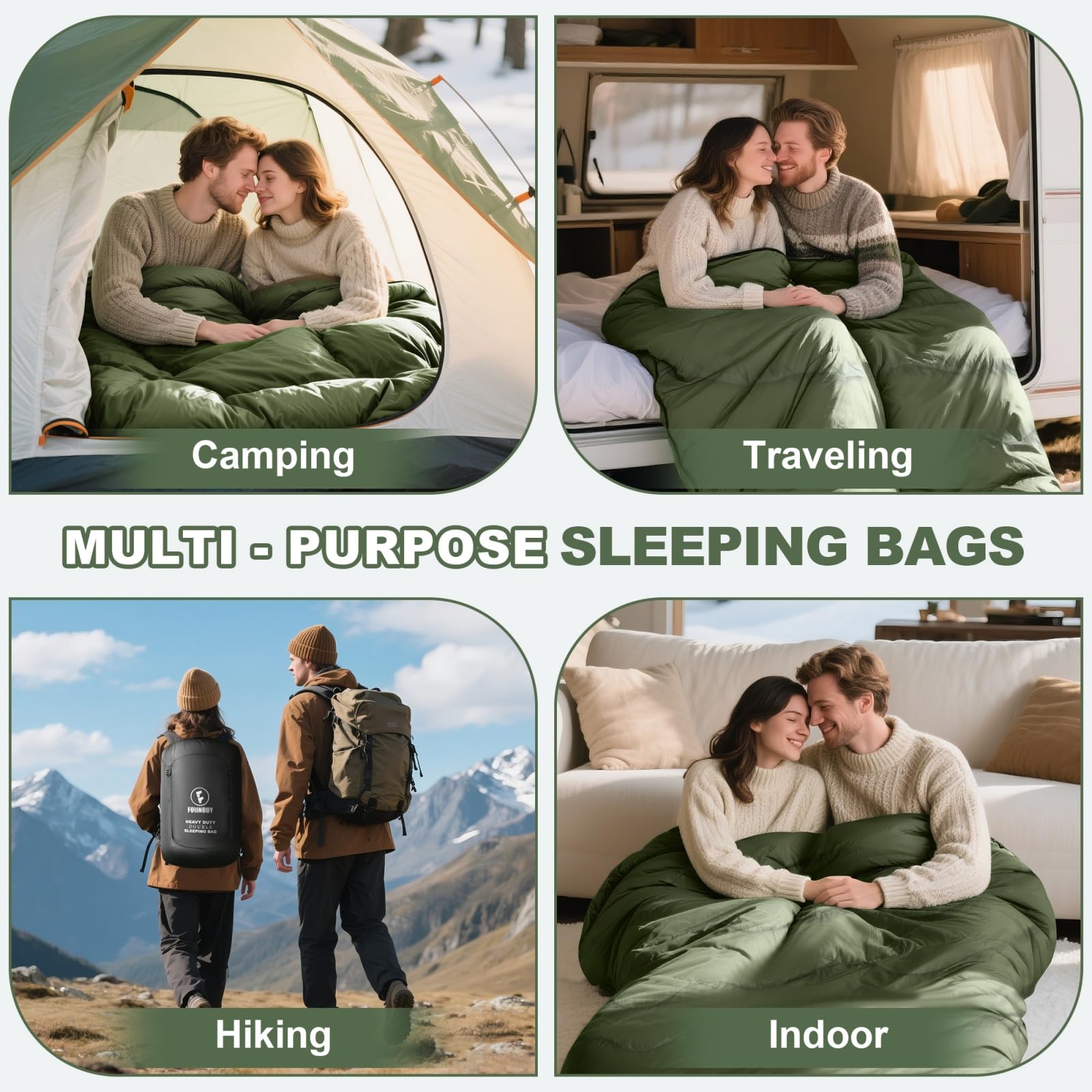 Doppelschlafsack 2 Personen 230x150cm – Flanell-Deckenschlafsack | Weiches Flanell-Futter, wasserdichtes Außenmaterial, ideal für Camping, Wohnmobil &Festival, geräumig für 2, warm & kuschelig