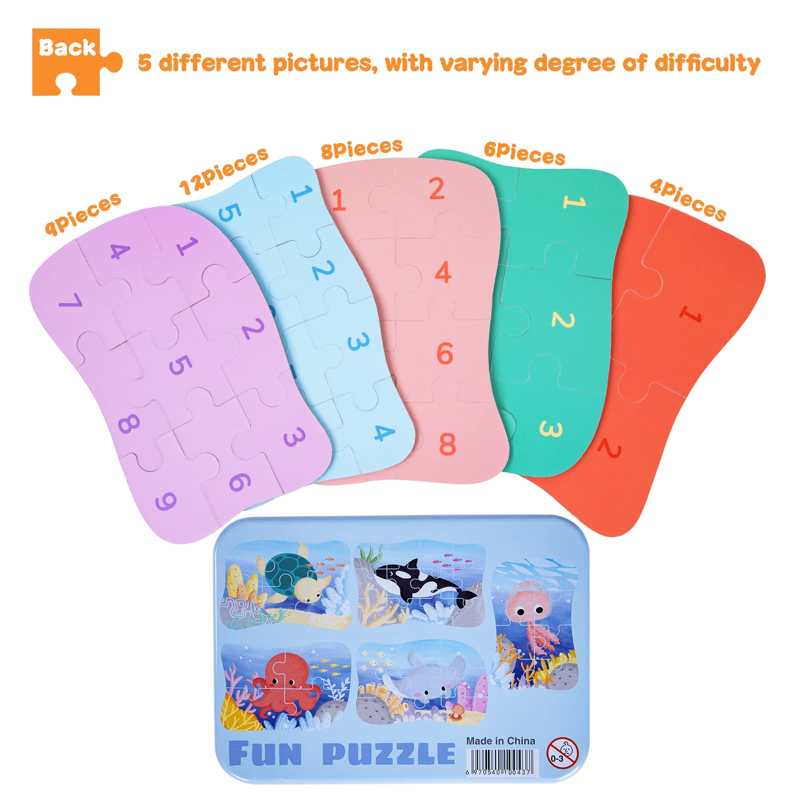 BBLIKE Puzzle per bambini, puzzle con motivo animali marini, 5 puzzle con immagini, adatto per bambini e bambine a partire dai 3, 4, 5 anni