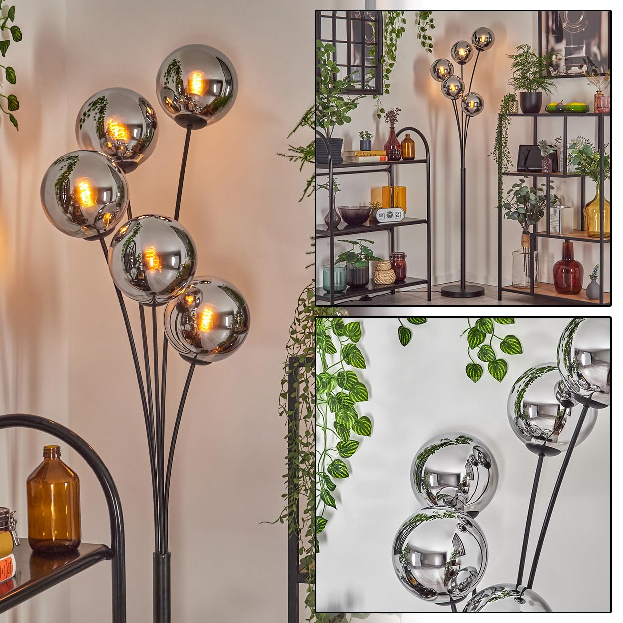 HOFSTEIN Stehleuchte Gastor, Stehlampe aus Metall/Glas in Schwarz/Chrom/Rauch, Leuchte im Vintage-Design mit Glasschirmen Ø 15 cm u. Fußschalter, 169 cm, E14, Wohnzimmer, Schlafzimmer, Esszimmer